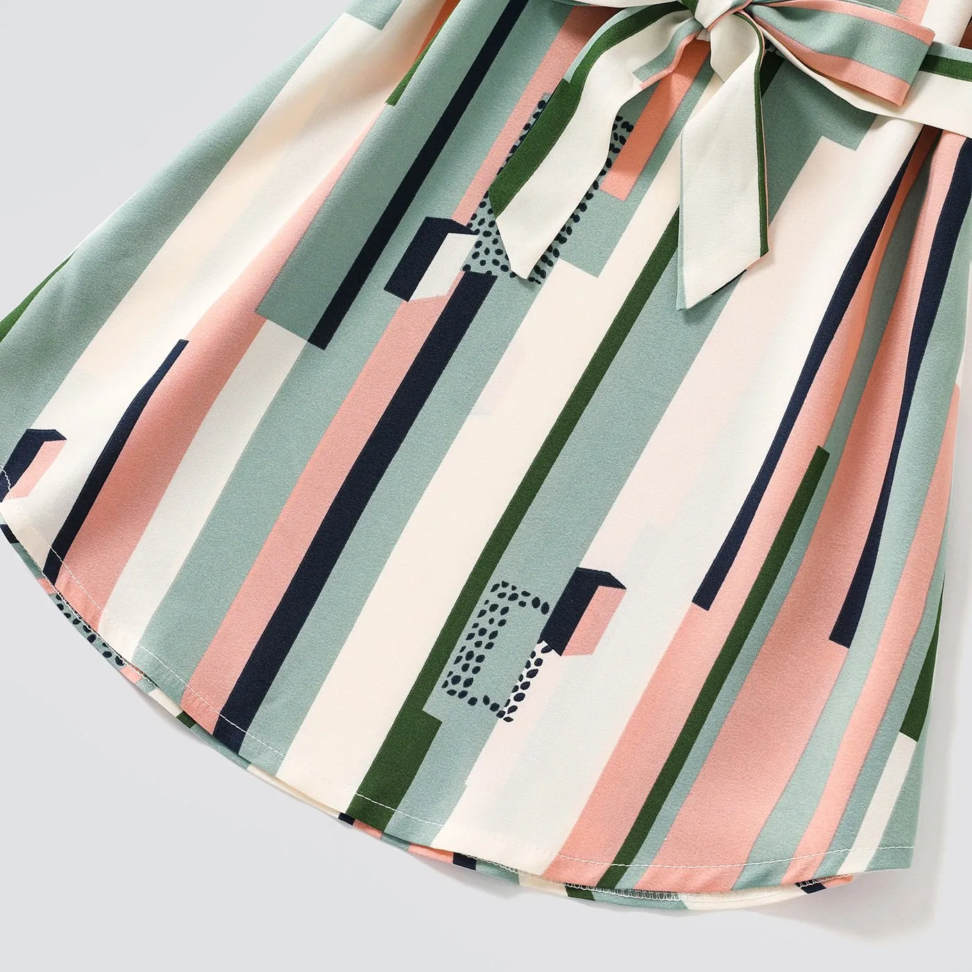 Family Matching Geometric Striped V Neck Drop Shoulder Belted Dresses and Colorblock Short-sleeve T-shirts Sets