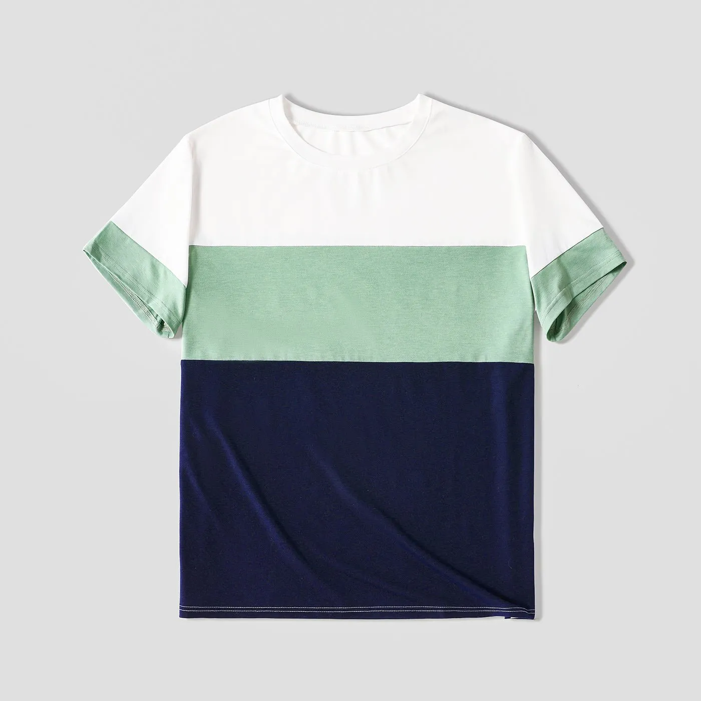 Family Matching Geometric Striped V Neck Drop Shoulder Belted Dresses and Colorblock Short-sleeve T-shirts Sets