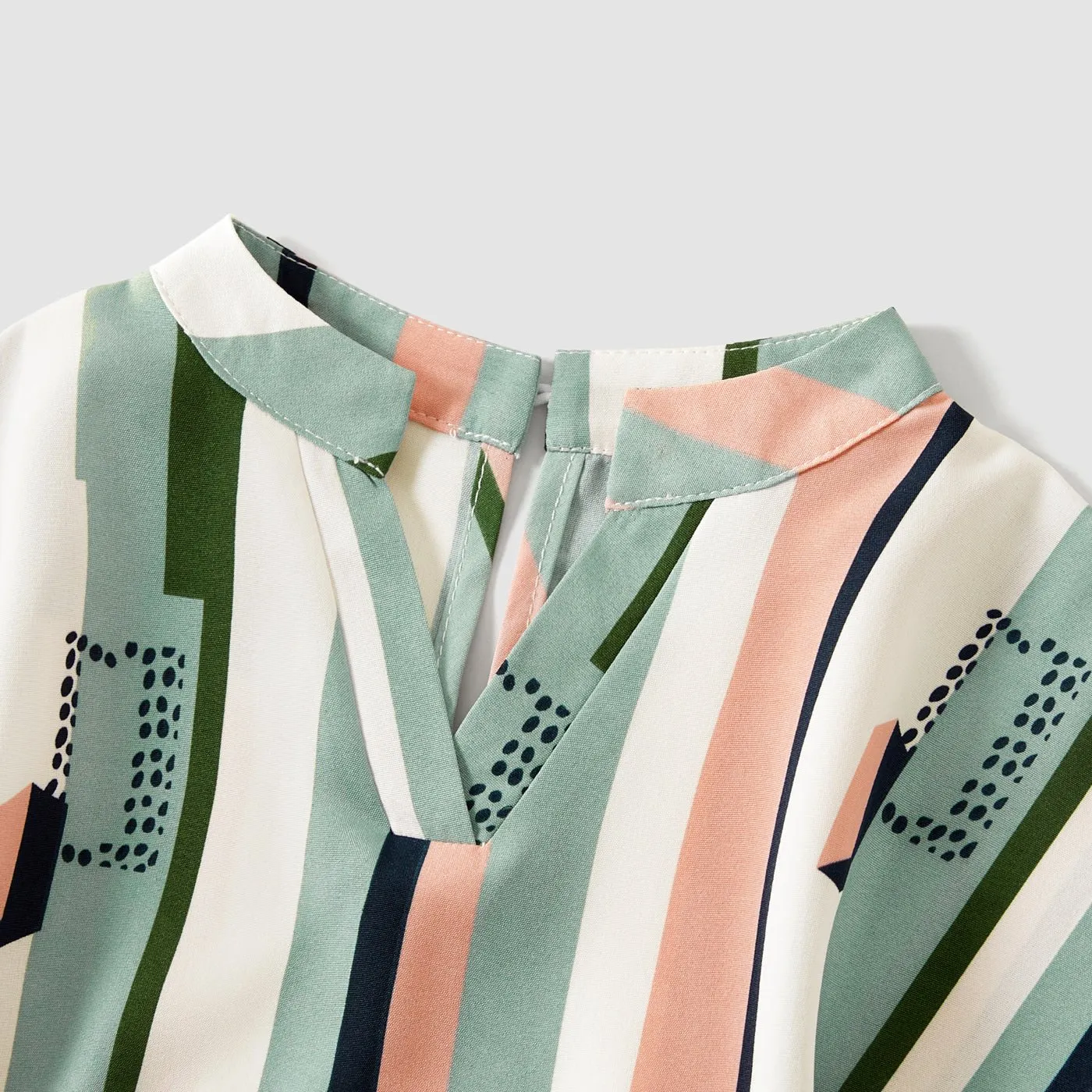 Family Matching Geometric Striped V Neck Drop Shoulder Belted Dresses and Colorblock Short-sleeve T-shirts Sets