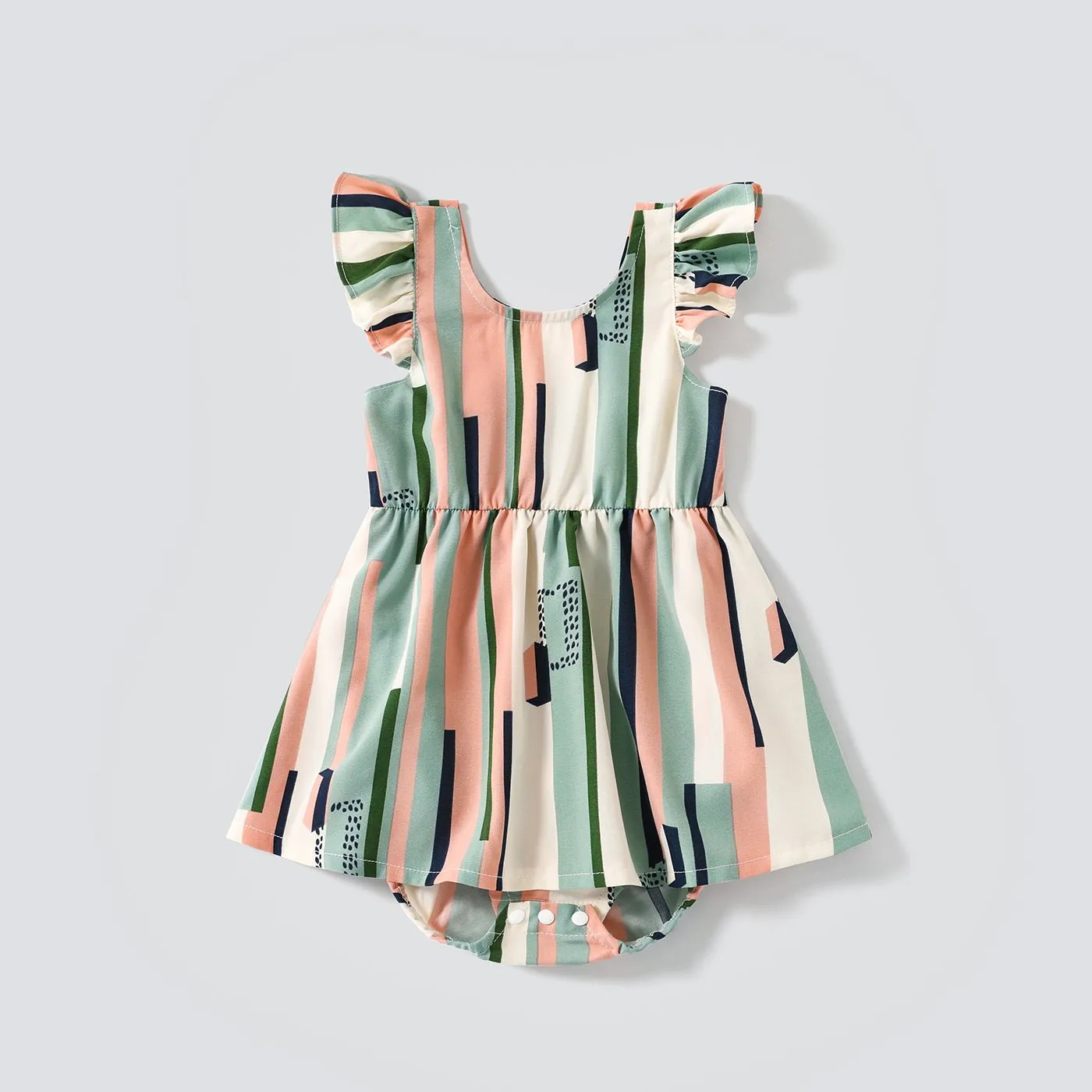 Family Matching Geometric Striped V Neck Drop Shoulder Belted Dresses and Colorblock Short-sleeve T-shirts Sets