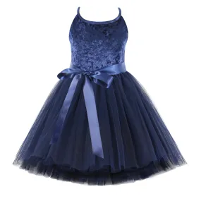 Flofallzique Navy Girls' Tulle Dress Velvet Spaghetti Strap Special Occasion Birthday Party Wedding Kids Summer Dress