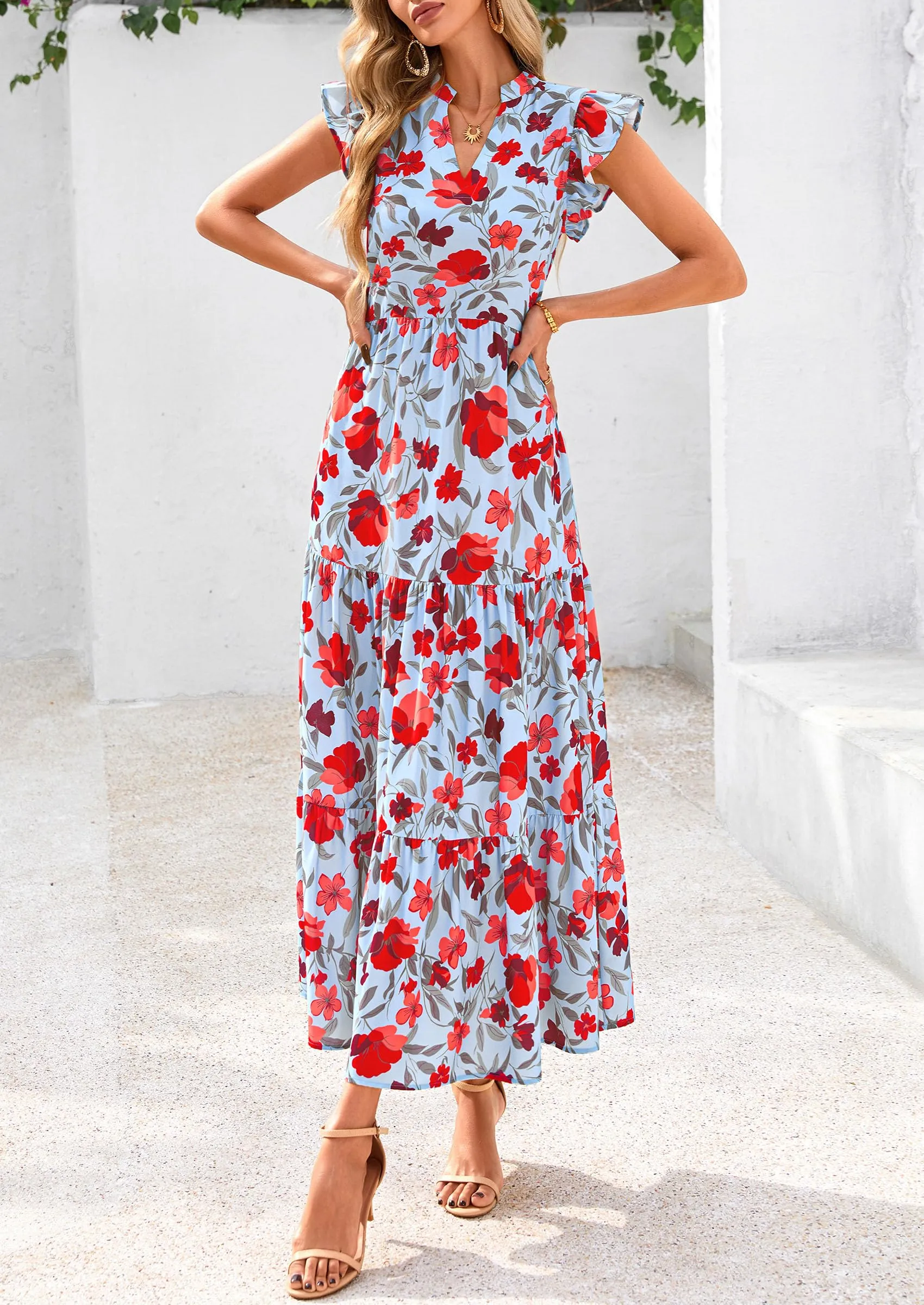 Floral Cap Sleeve V Neck Ruffle Flowy Boho Casual Beach Vacation Midi Dress