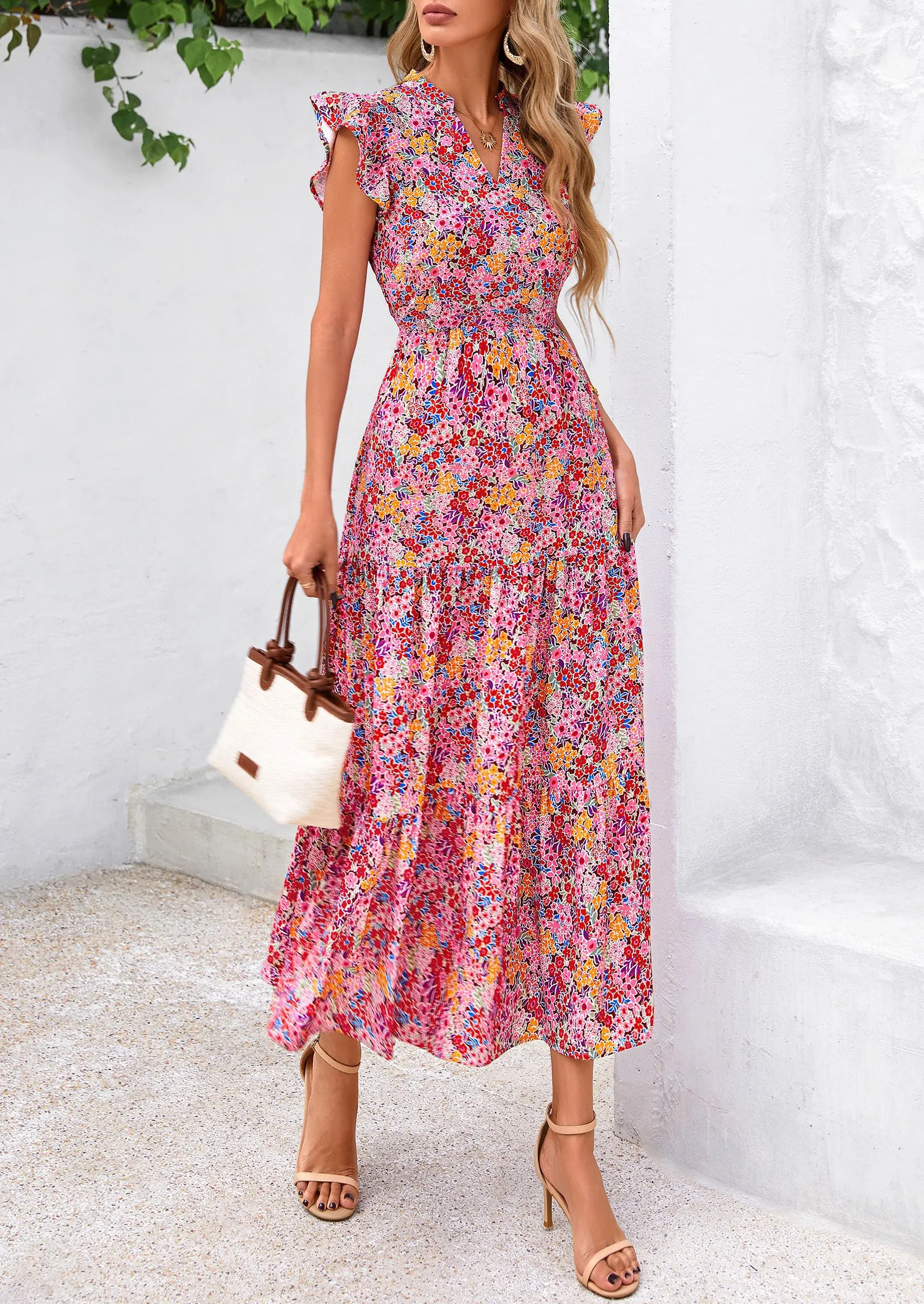 Floral Cap Sleeve V Neck Ruffle Flowy Boho Casual Beach Vacation Midi Dress