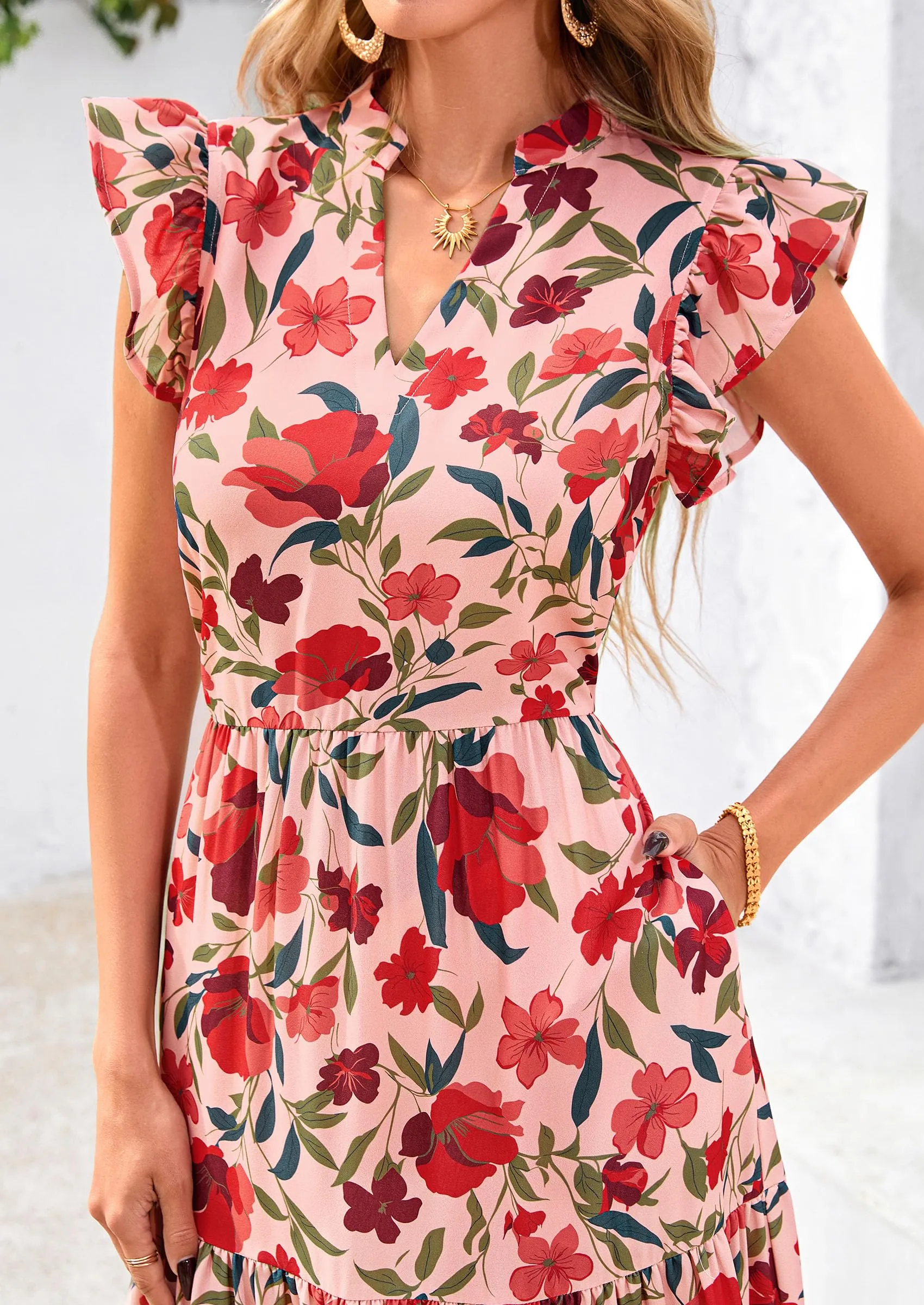 Floral Cap Sleeve V Neck Ruffle Flowy Boho Casual Beach Vacation Midi Dress