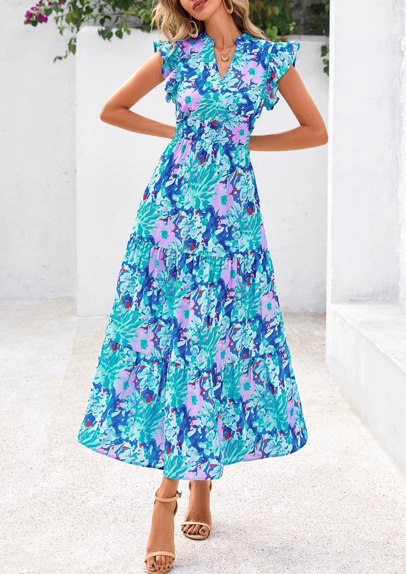 Floral Cap Sleeve V Neck Ruffle Flowy Boho Casual Beach Vacation Midi Dress