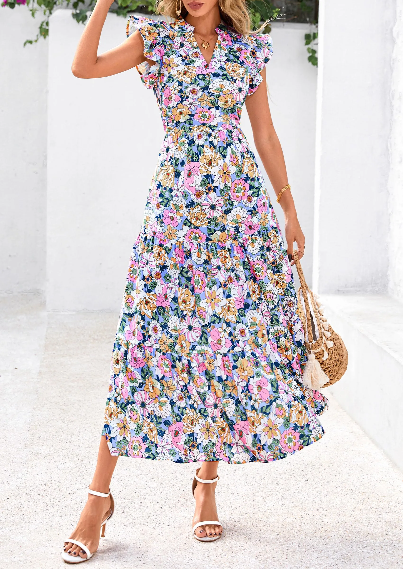Floral Cap Sleeve V Neck Ruffle Flowy Boho Casual Beach Vacation Midi Dress