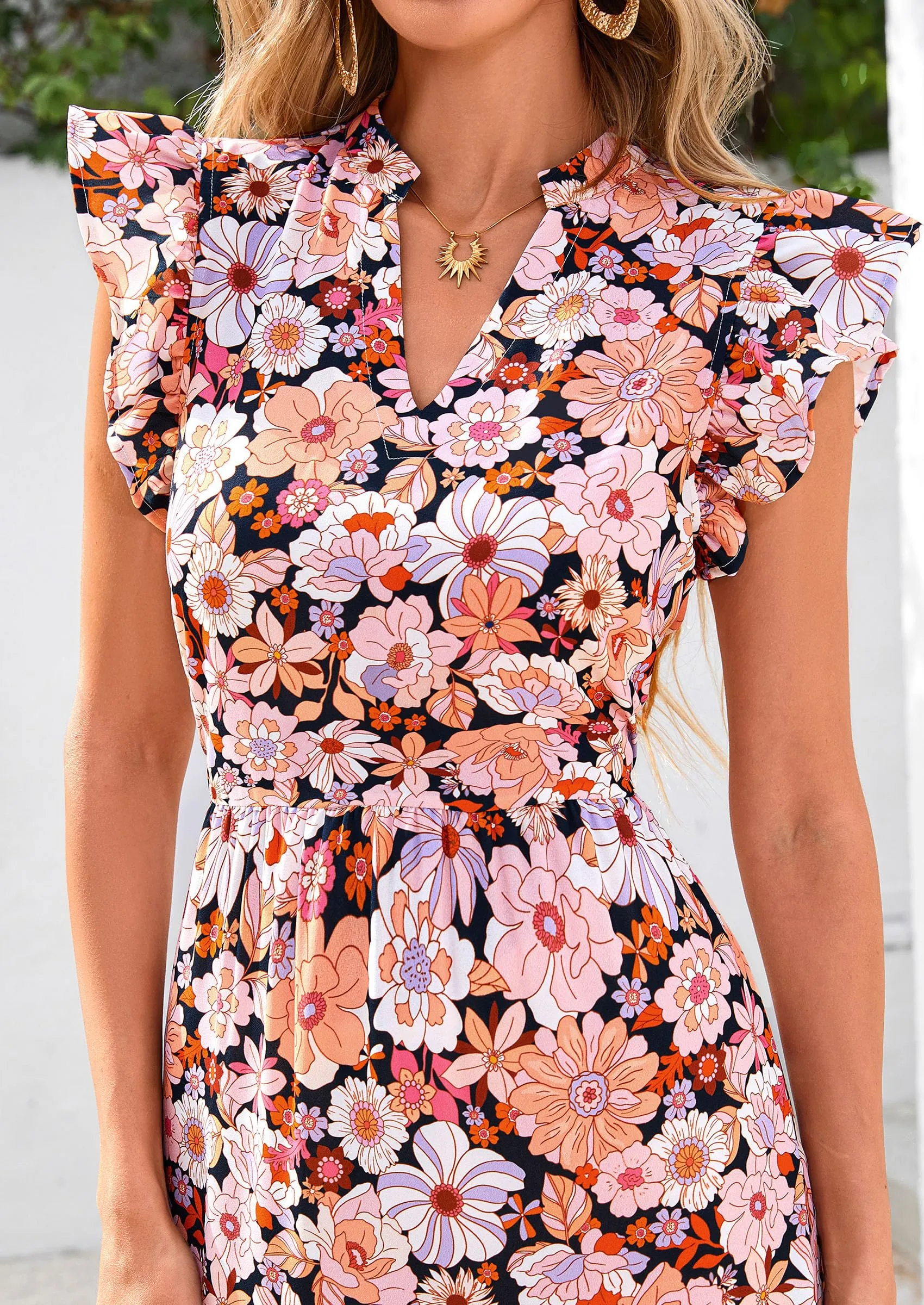 Floral Cap Sleeve V Neck Ruffle Flowy Boho Casual Beach Vacation Midi Dress