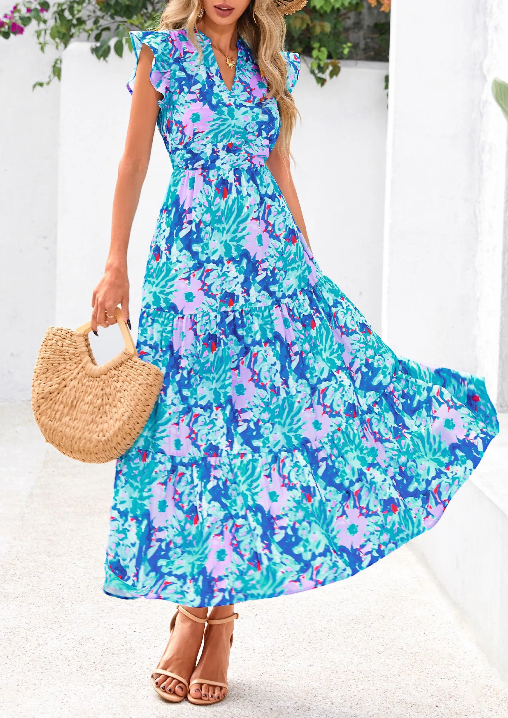 Floral Cap Sleeve V Neck Ruffle Flowy Boho Casual Beach Vacation Midi Dress