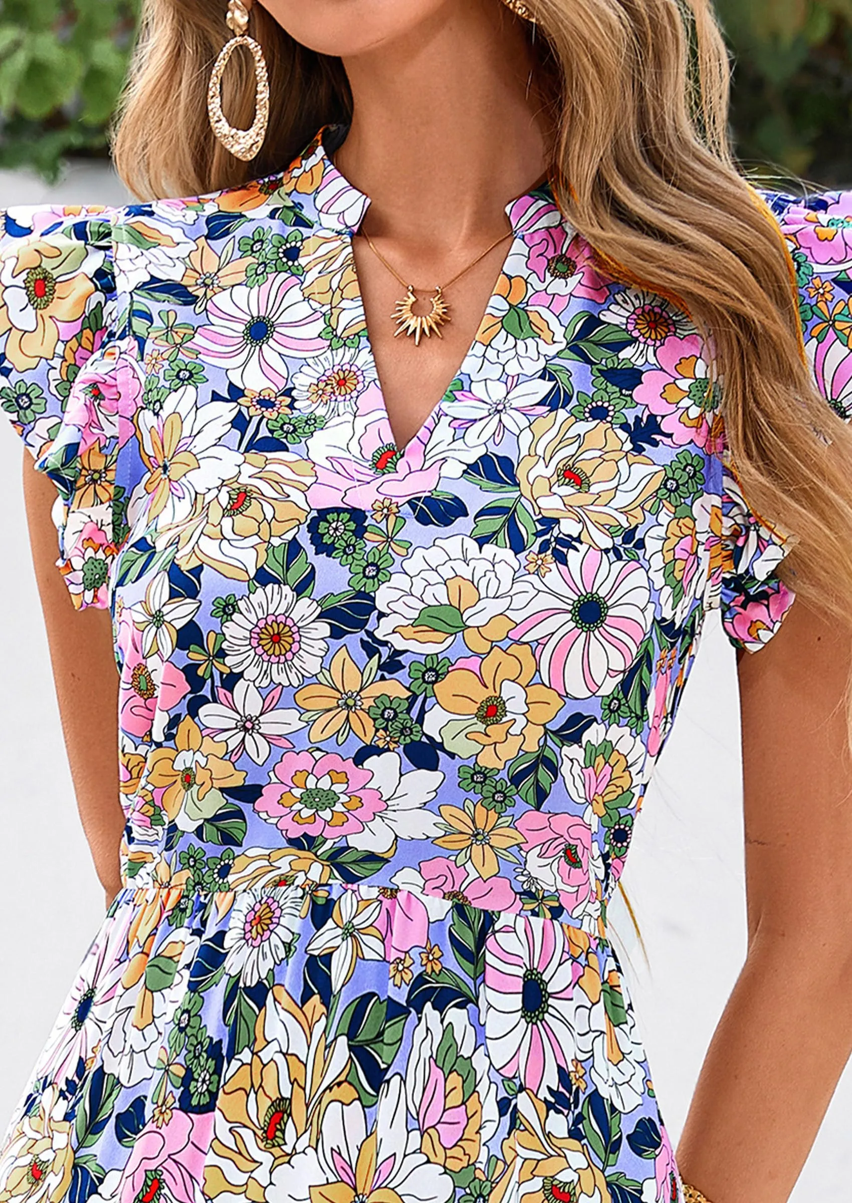 Floral Cap Sleeve V Neck Ruffle Flowy Boho Casual Beach Vacation Midi Dress