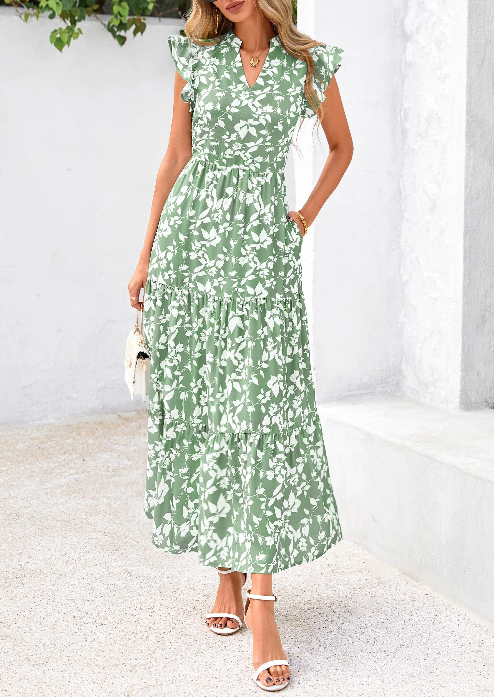 Floral Cap Sleeve V Neck Ruffle Flowy Boho Casual Beach Vacation Midi Dress