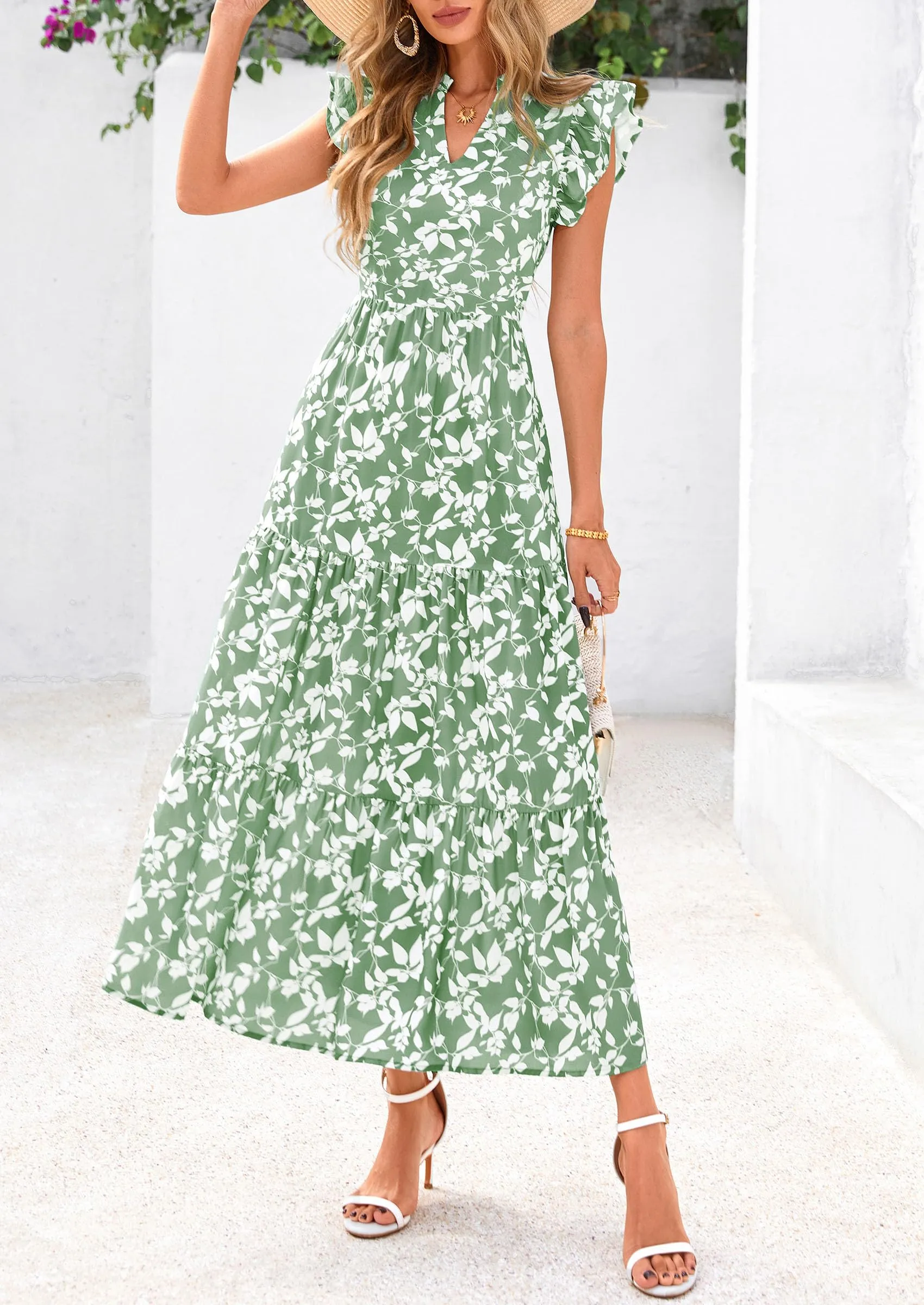 Floral Cap Sleeve V Neck Ruffle Flowy Boho Casual Beach Vacation Midi Dress