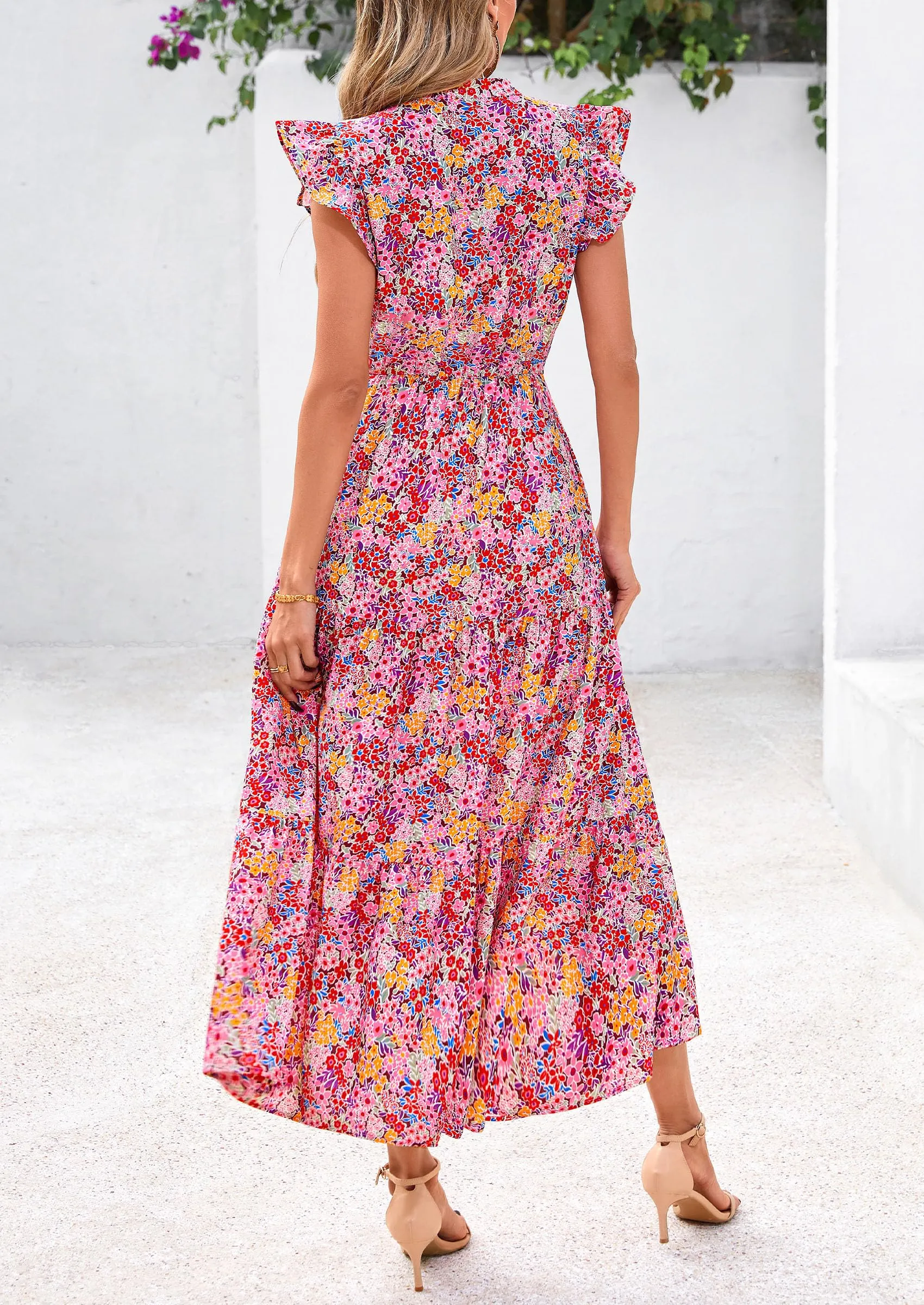 Floral Cap Sleeve V Neck Ruffle Flowy Boho Casual Beach Vacation Midi Dress