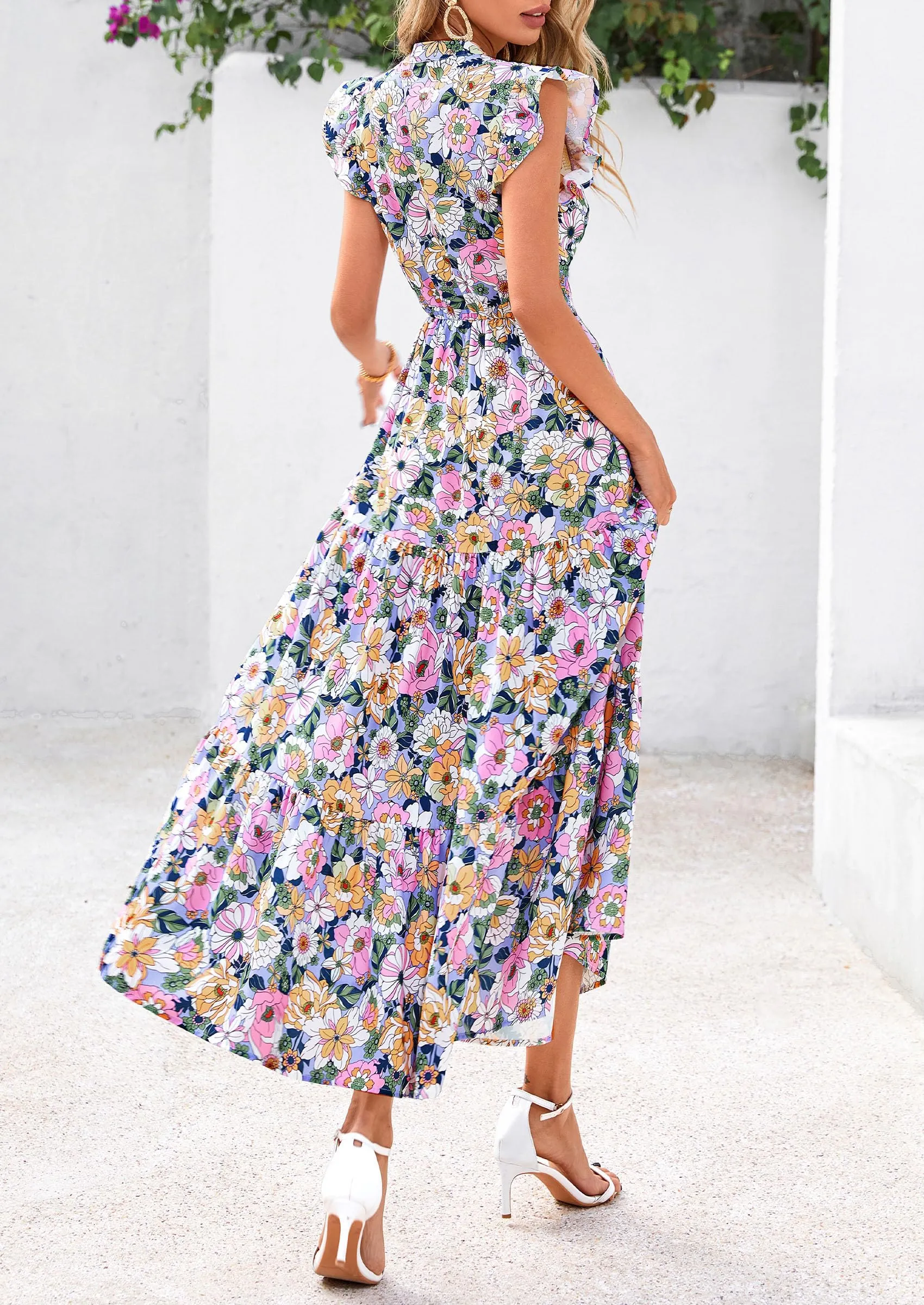 Floral Cap Sleeve V Neck Ruffle Flowy Boho Casual Beach Vacation Midi Dress
