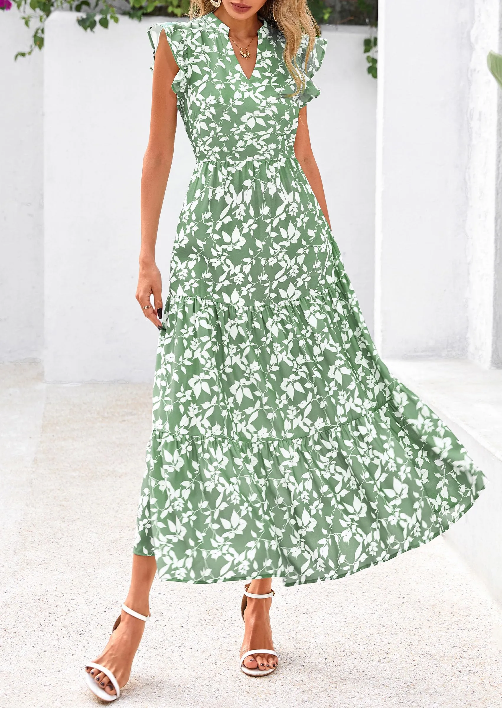Floral Cap Sleeve V Neck Ruffle Flowy Boho Casual Beach Vacation Midi Dress