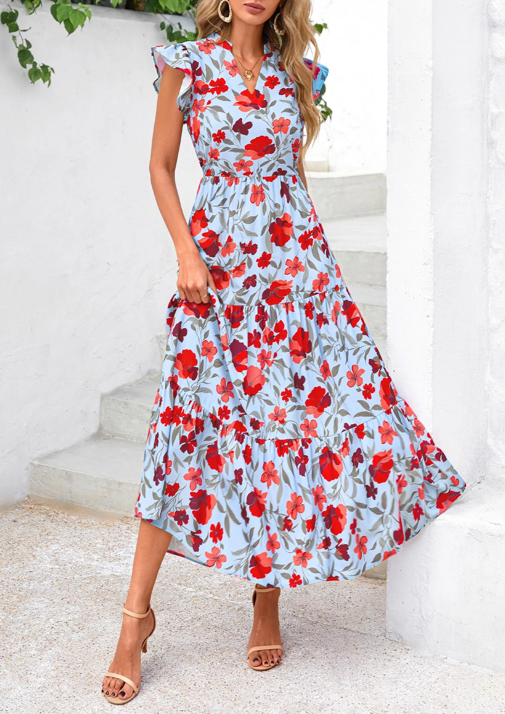 Floral Cap Sleeve V Neck Ruffle Flowy Boho Casual Beach Vacation Midi Dress
