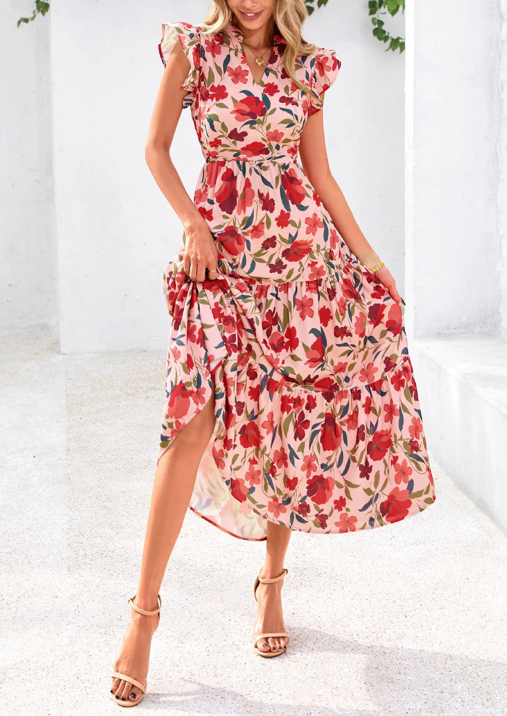 Floral Cap Sleeve V Neck Ruffle Flowy Boho Casual Beach Vacation Midi Dress