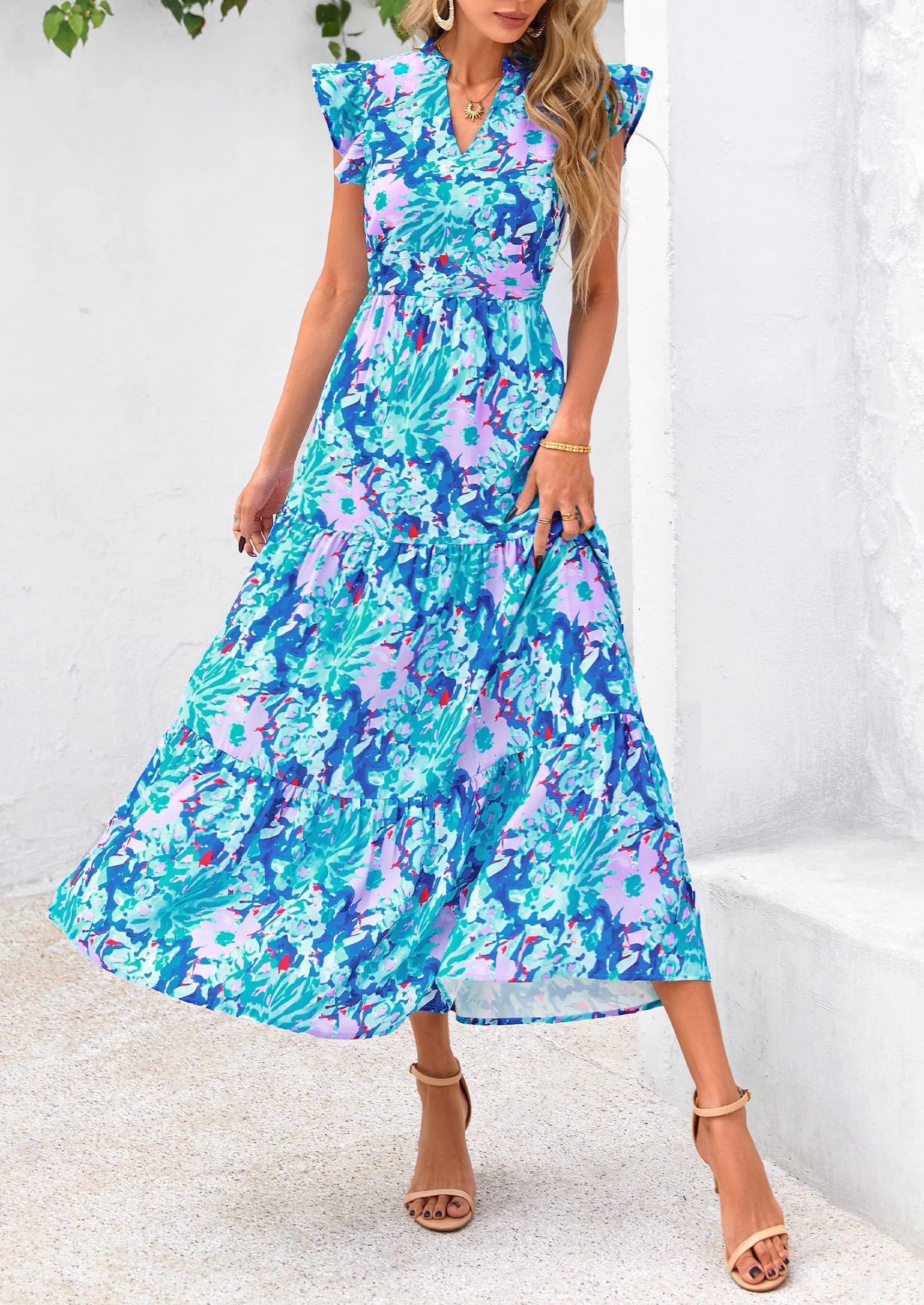 Floral Cap Sleeve V Neck Ruffle Flowy Boho Casual Beach Vacation Midi Dress