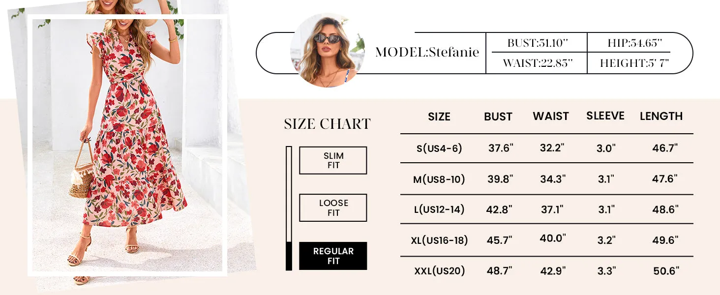 Floral Cap Sleeve V Neck Ruffle Flowy Boho Casual Beach Vacation Midi Dress