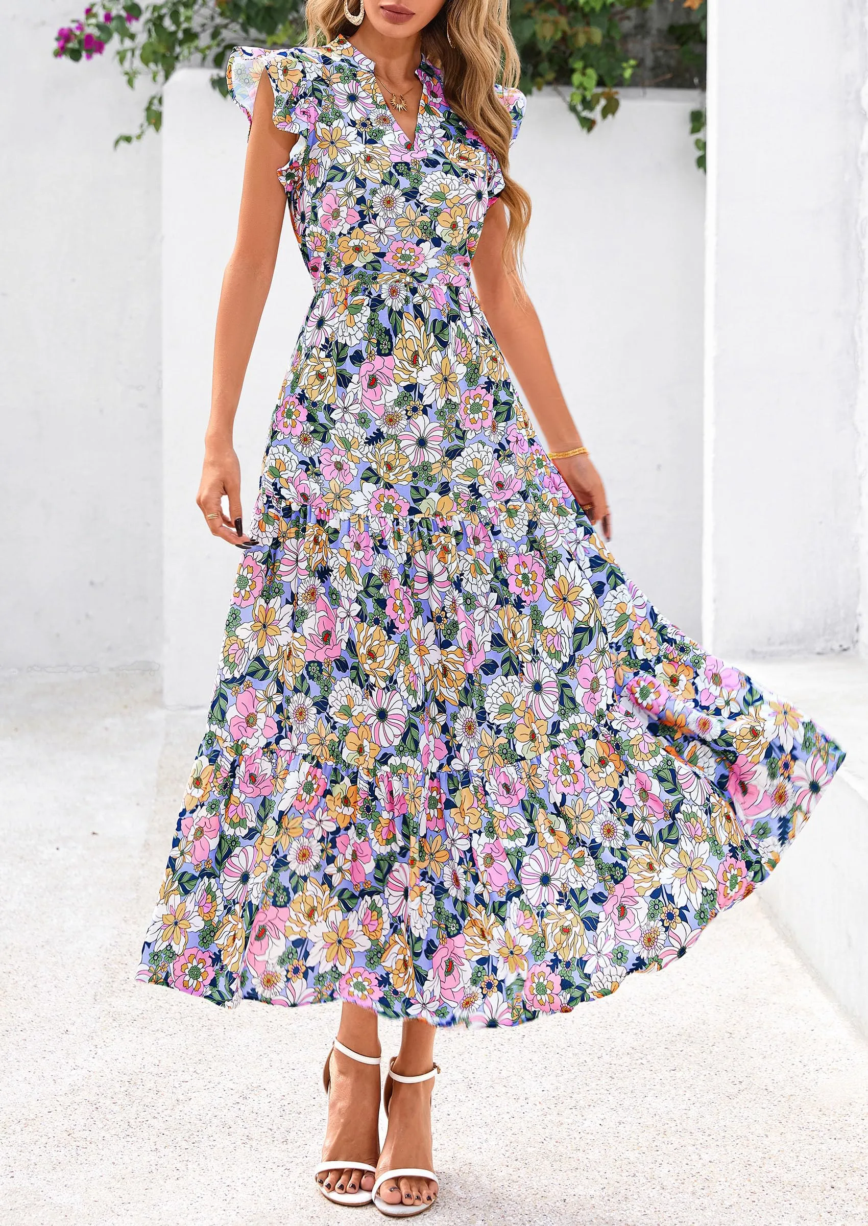 Floral Cap Sleeve V Neck Ruffle Flowy Boho Casual Beach Vacation Midi Dress