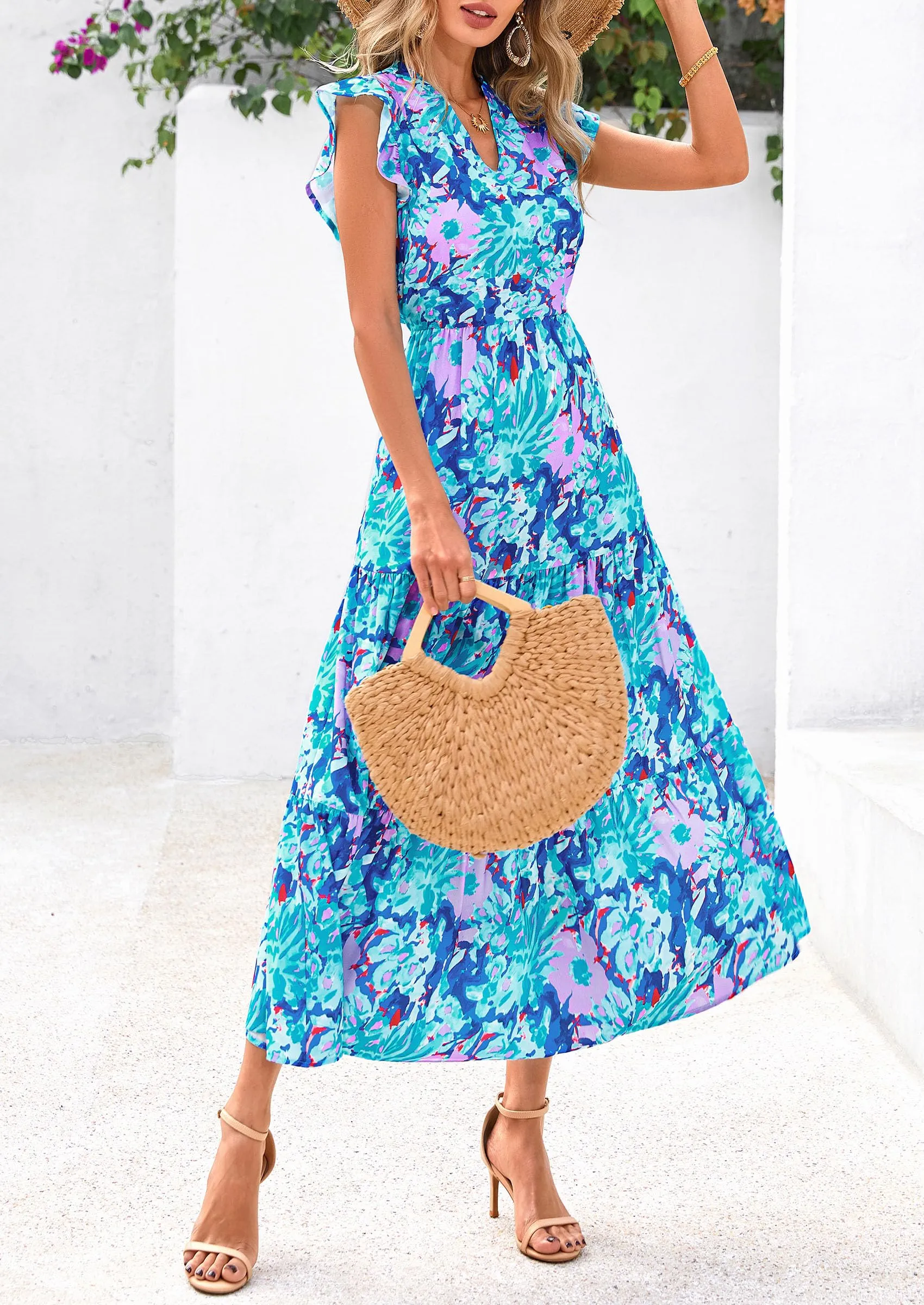 Floral Cap Sleeve V Neck Ruffle Flowy Boho Casual Beach Vacation Midi Dress