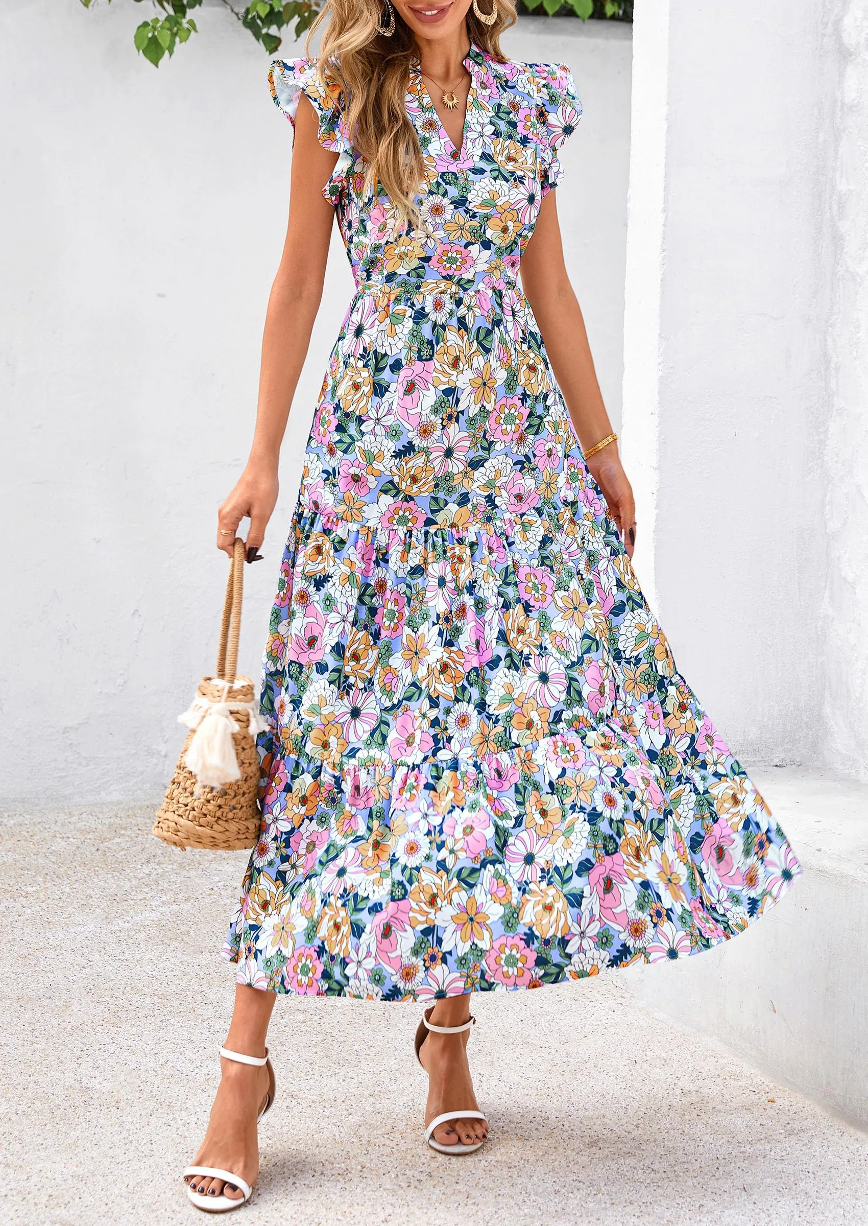 Floral Cap Sleeve V Neck Ruffle Flowy Boho Casual Beach Vacation Midi Dress