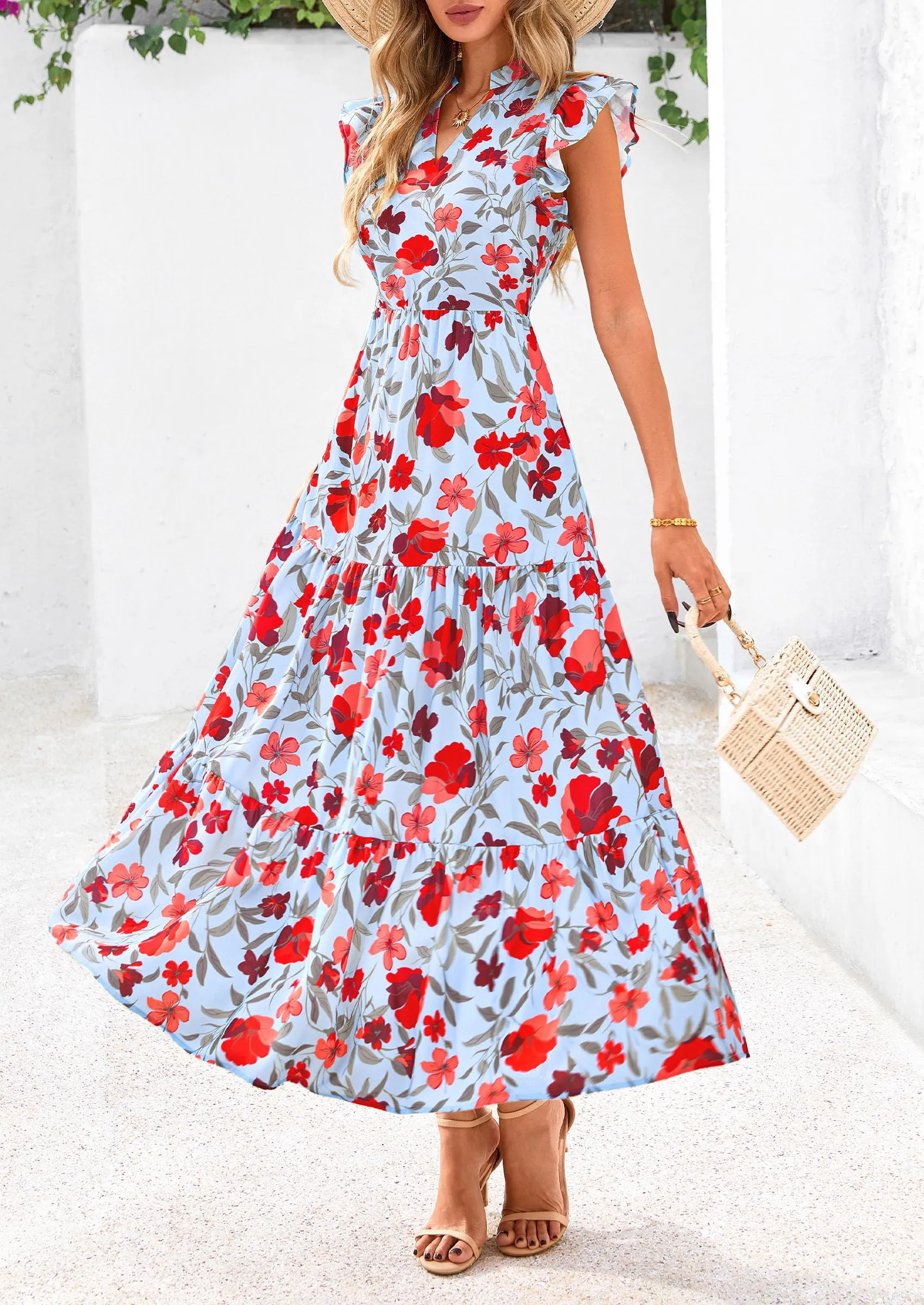 Floral Cap Sleeve V Neck Ruffle Flowy Boho Casual Beach Vacation Midi Dress