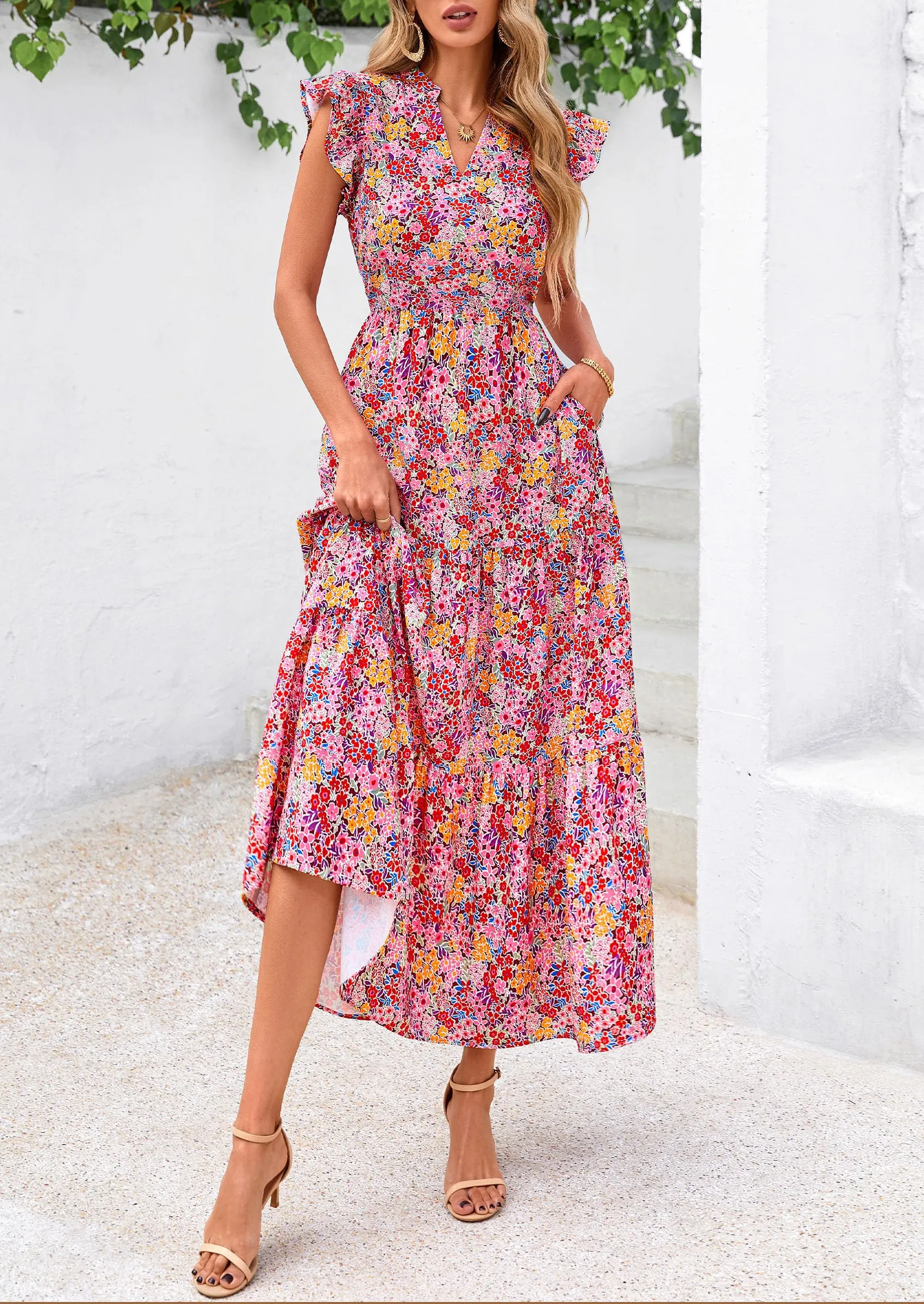 Floral Cap Sleeve V Neck Ruffle Flowy Boho Casual Beach Vacation Midi Dress