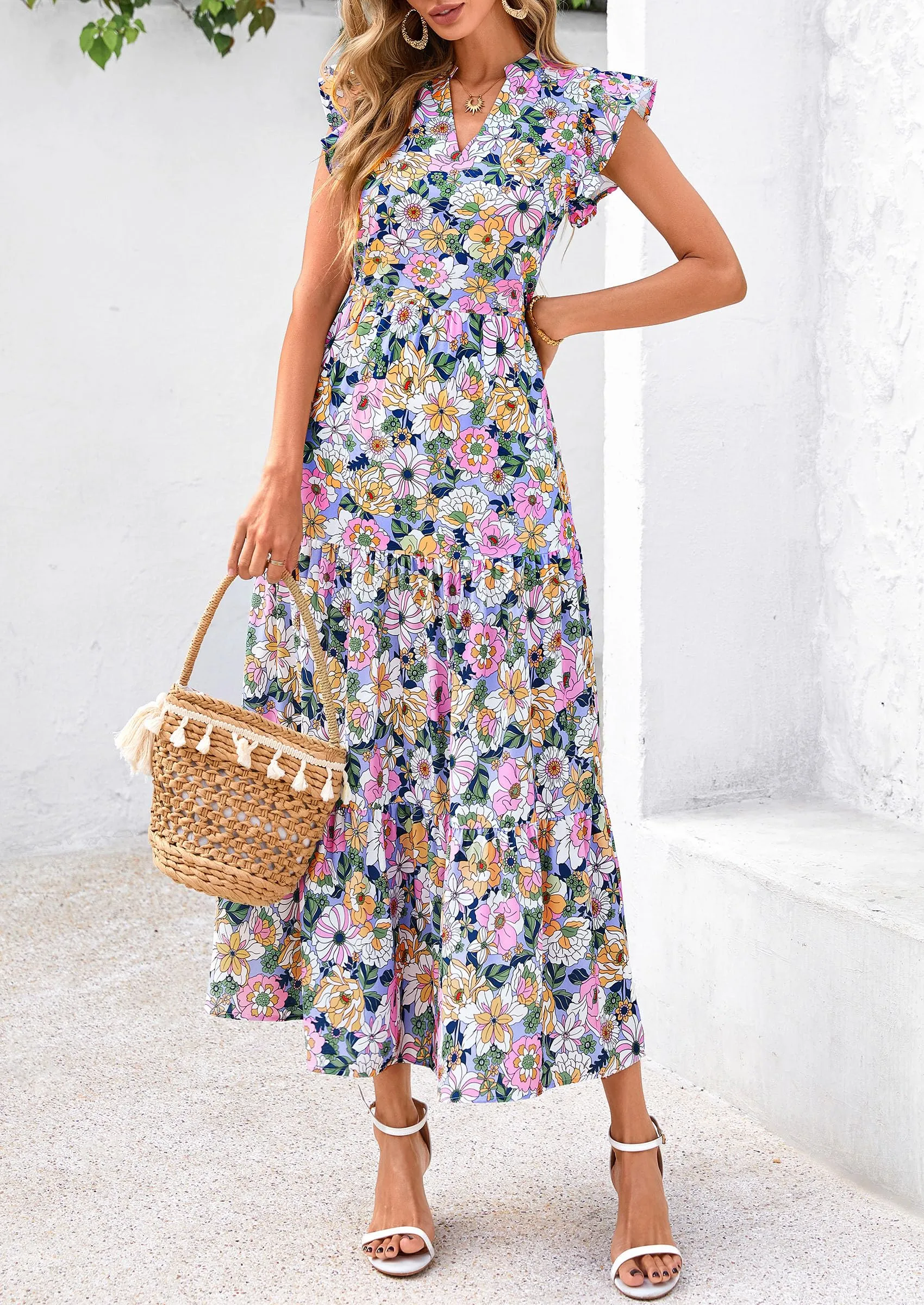 Floral Cap Sleeve V Neck Ruffle Flowy Boho Casual Beach Vacation Midi Dress