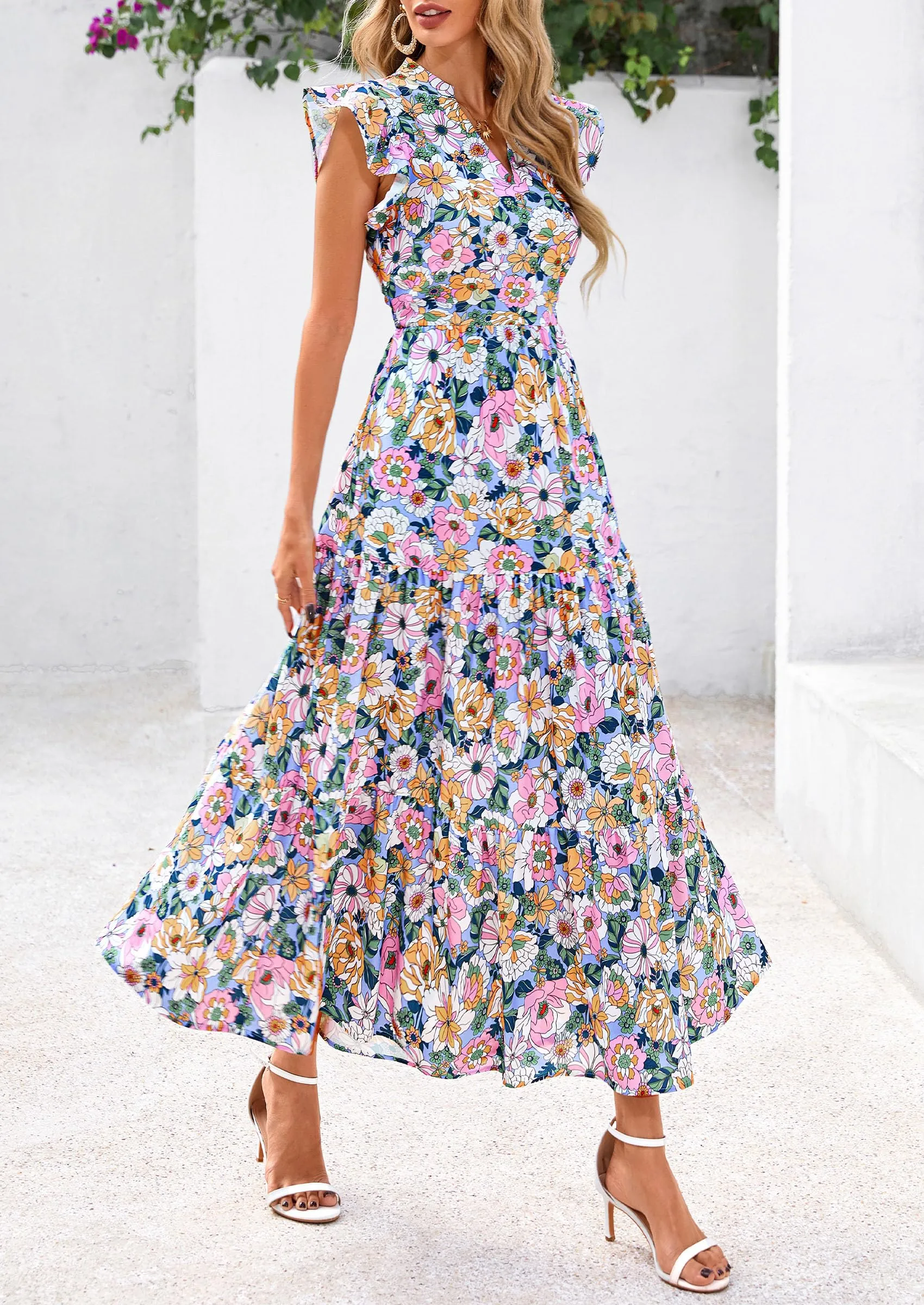Floral Cap Sleeve V Neck Ruffle Flowy Boho Casual Beach Vacation Midi Dress