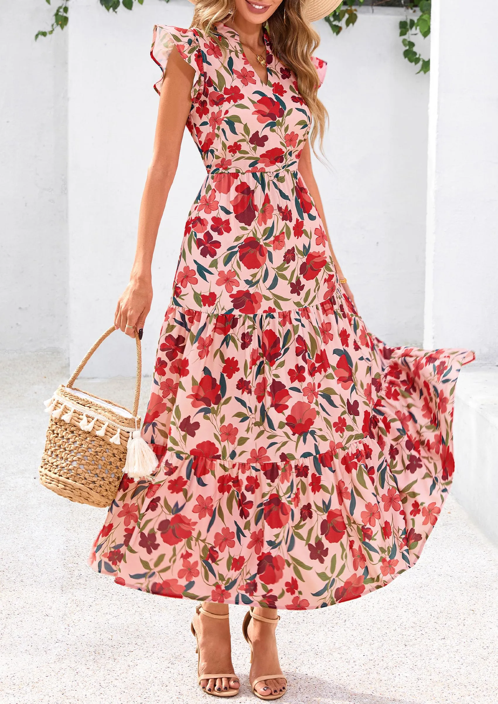 Floral Cap Sleeve V Neck Ruffle Flowy Boho Casual Beach Vacation Midi Dress