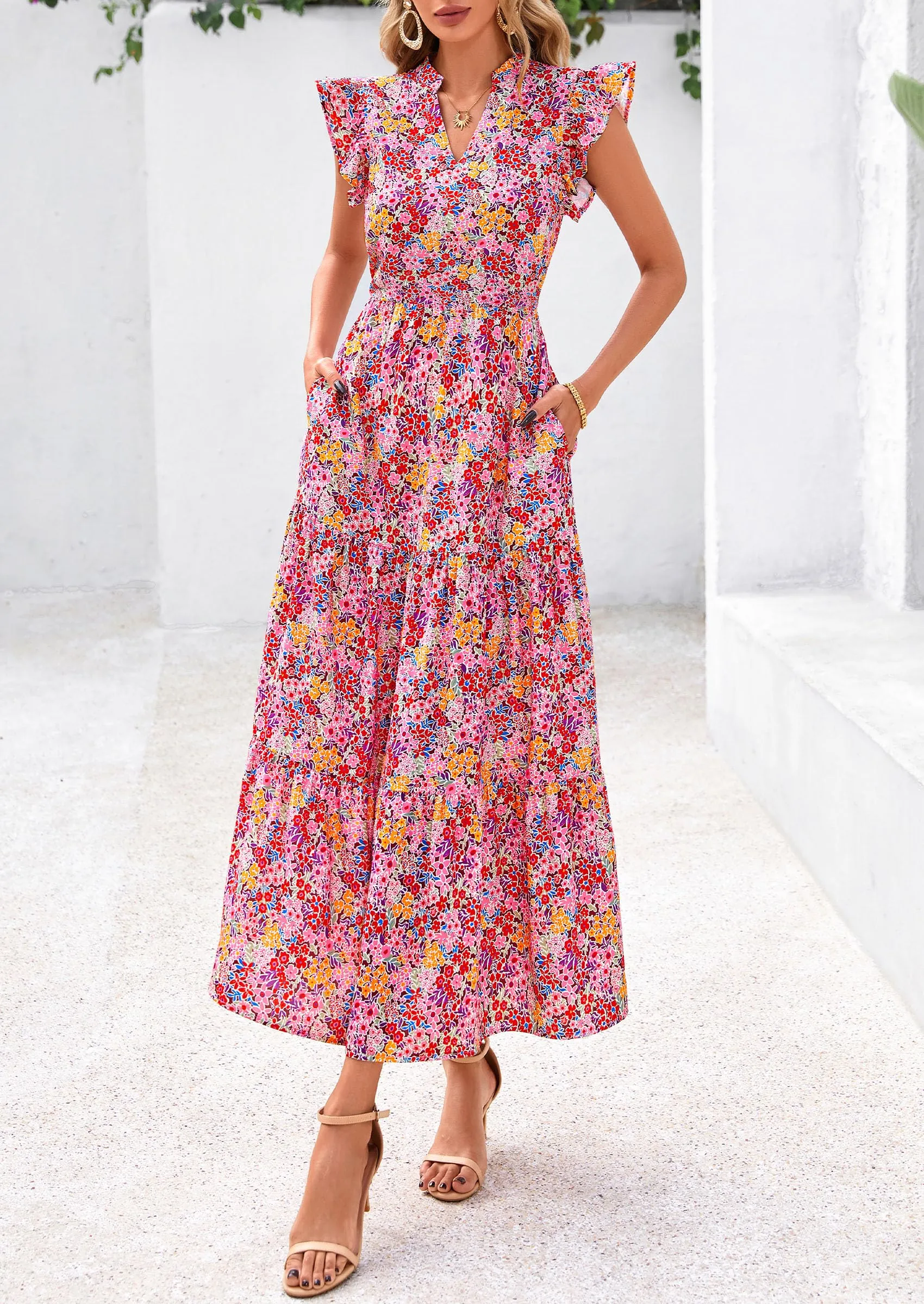 Floral Cap Sleeve V Neck Ruffle Flowy Boho Casual Beach Vacation Midi Dress