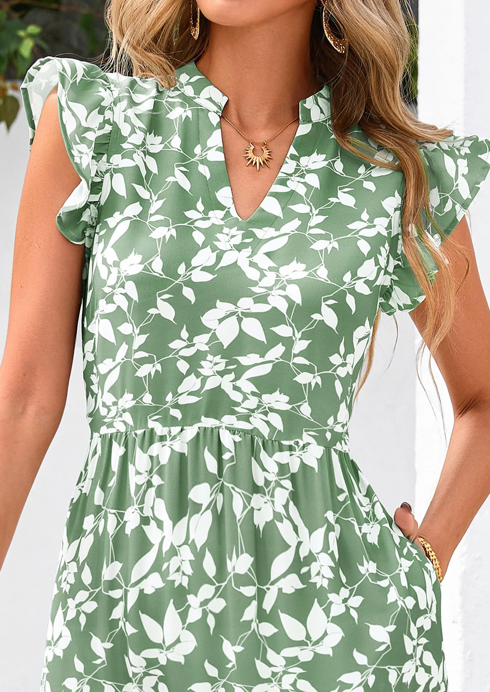 Floral Cap Sleeve V Neck Ruffle Flowy Boho Casual Beach Vacation Midi Dress