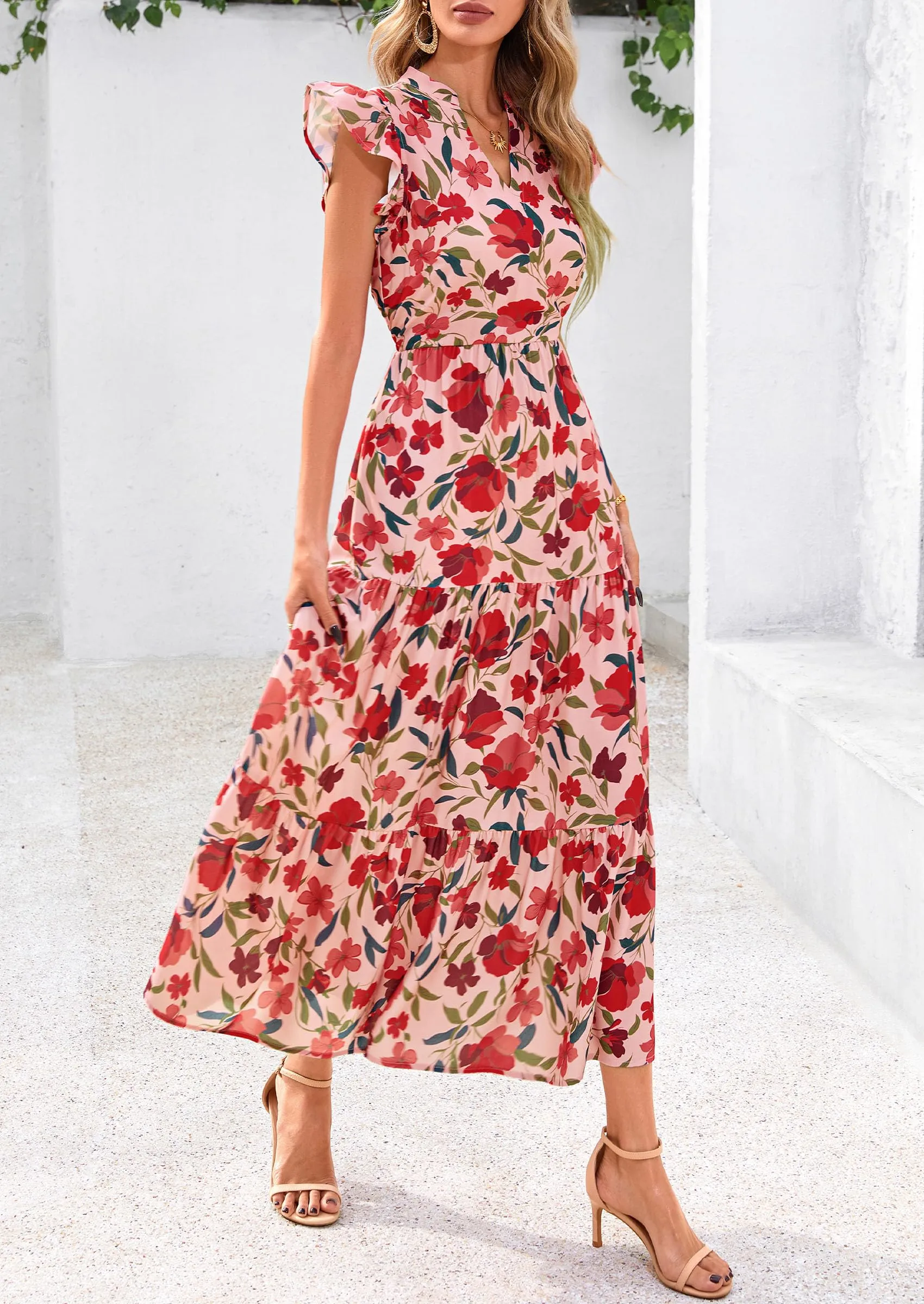 Floral Cap Sleeve V Neck Ruffle Flowy Boho Casual Beach Vacation Midi Dress