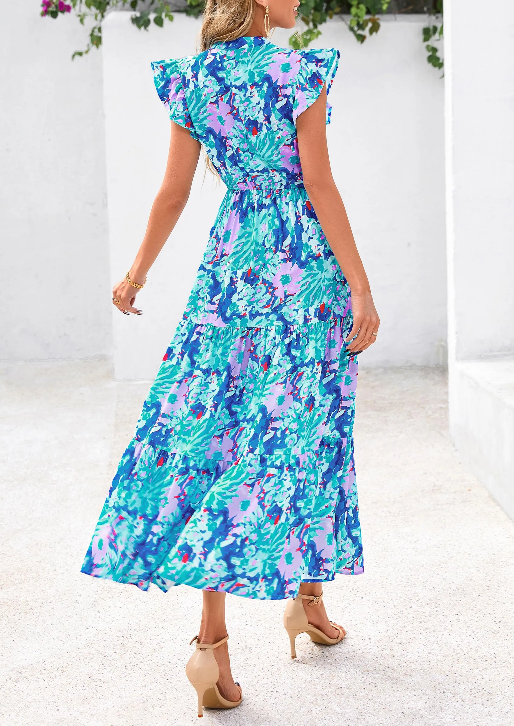 Floral Cap Sleeve V Neck Ruffle Flowy Boho Casual Beach Vacation Midi Dress