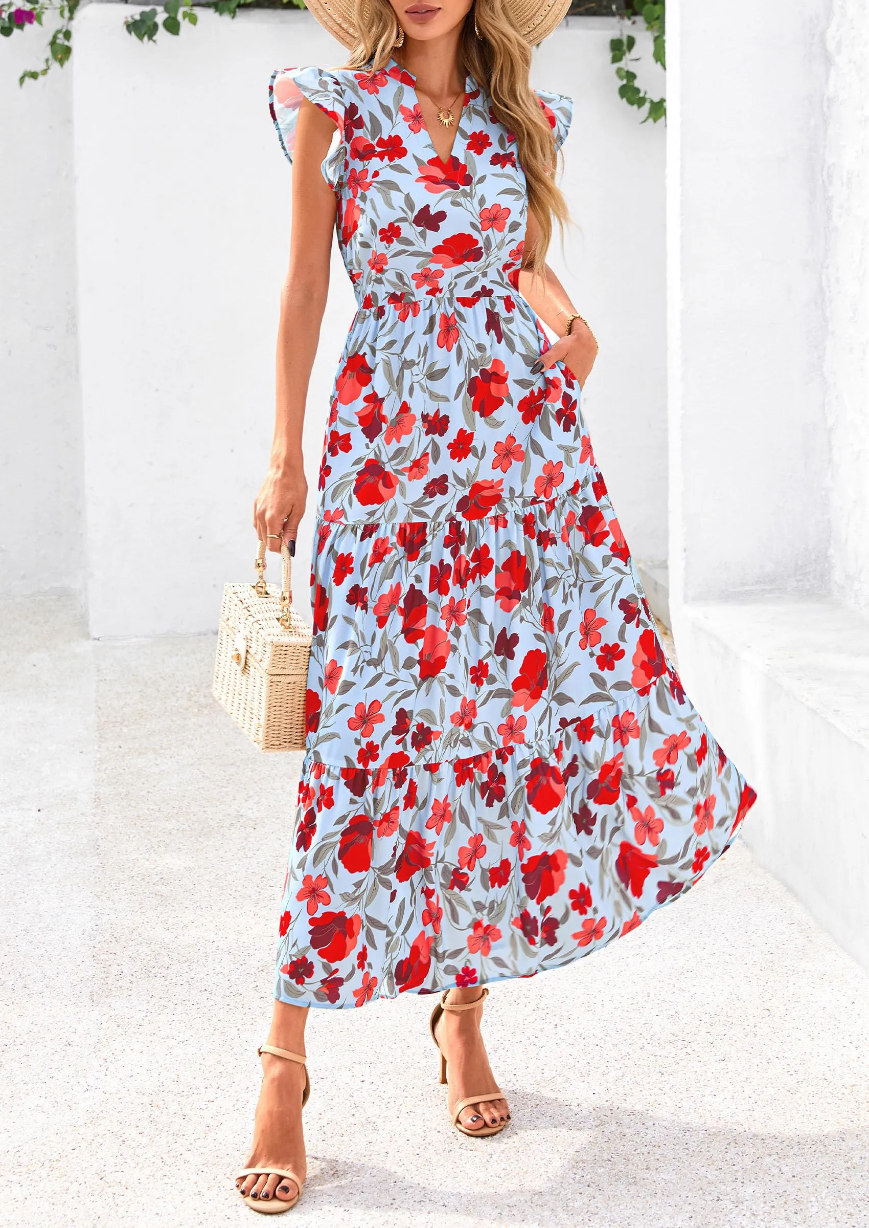 Floral Cap Sleeve V Neck Ruffle Flowy Boho Casual Beach Vacation Midi Dress