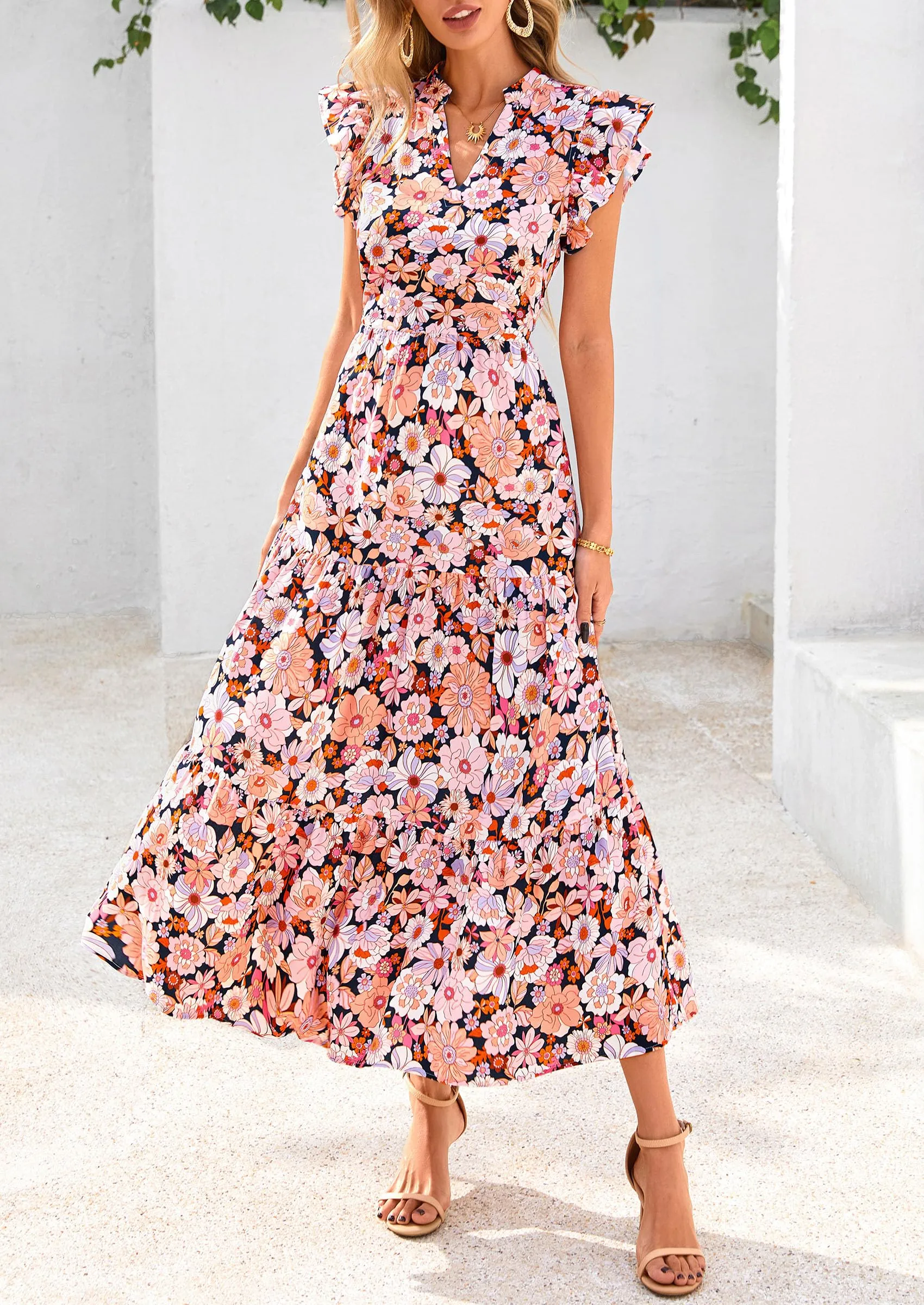 Floral Cap Sleeve V Neck Ruffle Flowy Boho Casual Beach Vacation Midi Dress