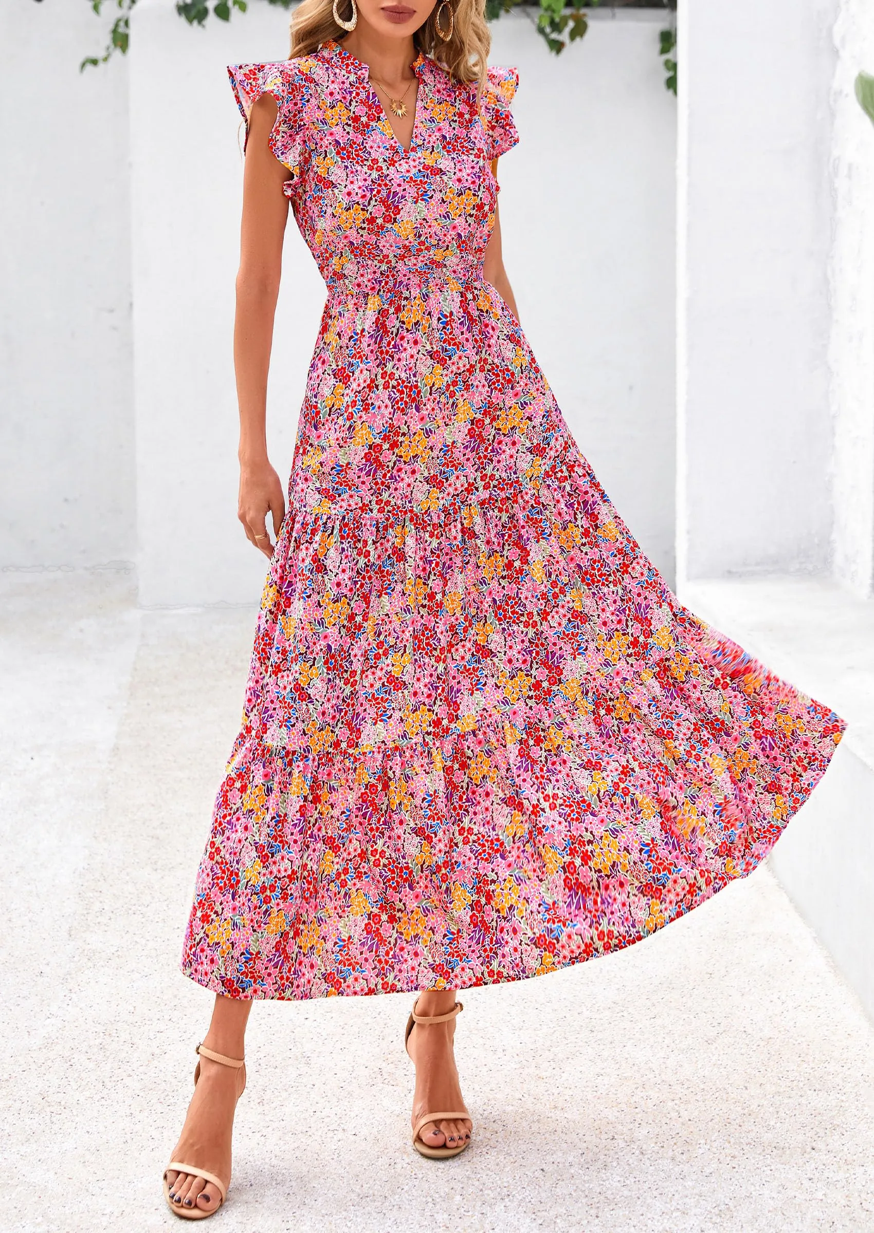 Floral Cap Sleeve V Neck Ruffle Flowy Boho Casual Beach Vacation Midi Dress
