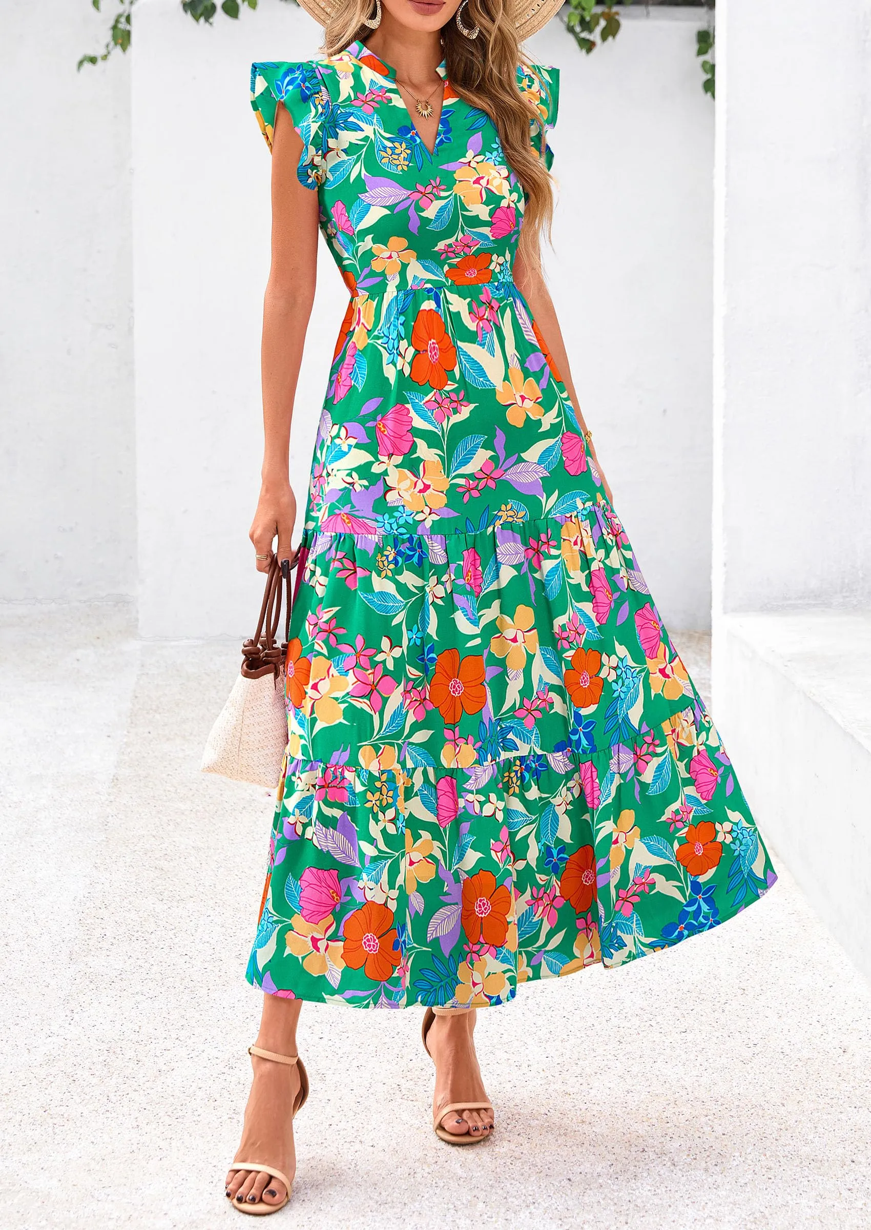 Floral Cap Sleeve V Neck Ruffle Flowy Boho Casual Beach Vacation Midi Dress
