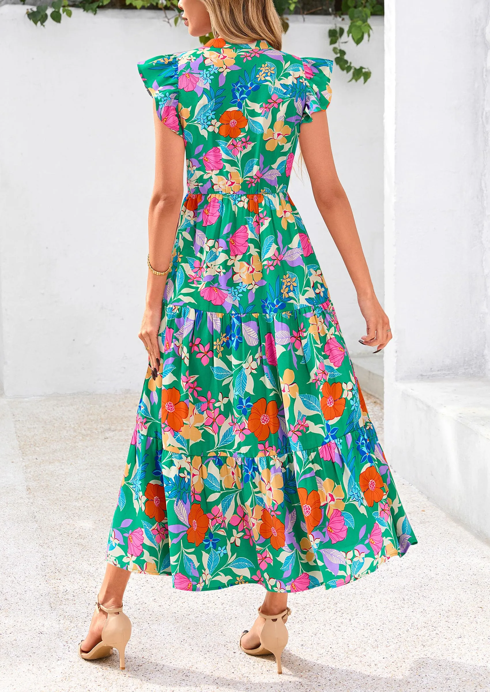 Floral Cap Sleeve V Neck Ruffle Flowy Boho Casual Beach Vacation Midi Dress