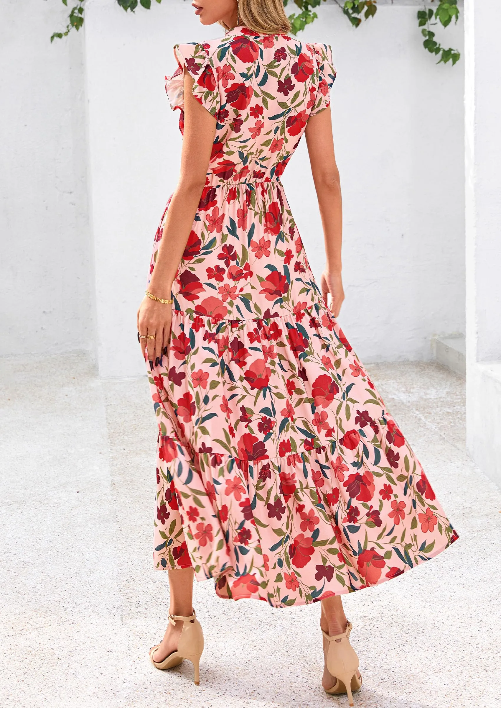 Floral Cap Sleeve V Neck Ruffle Flowy Boho Casual Beach Vacation Midi Dress