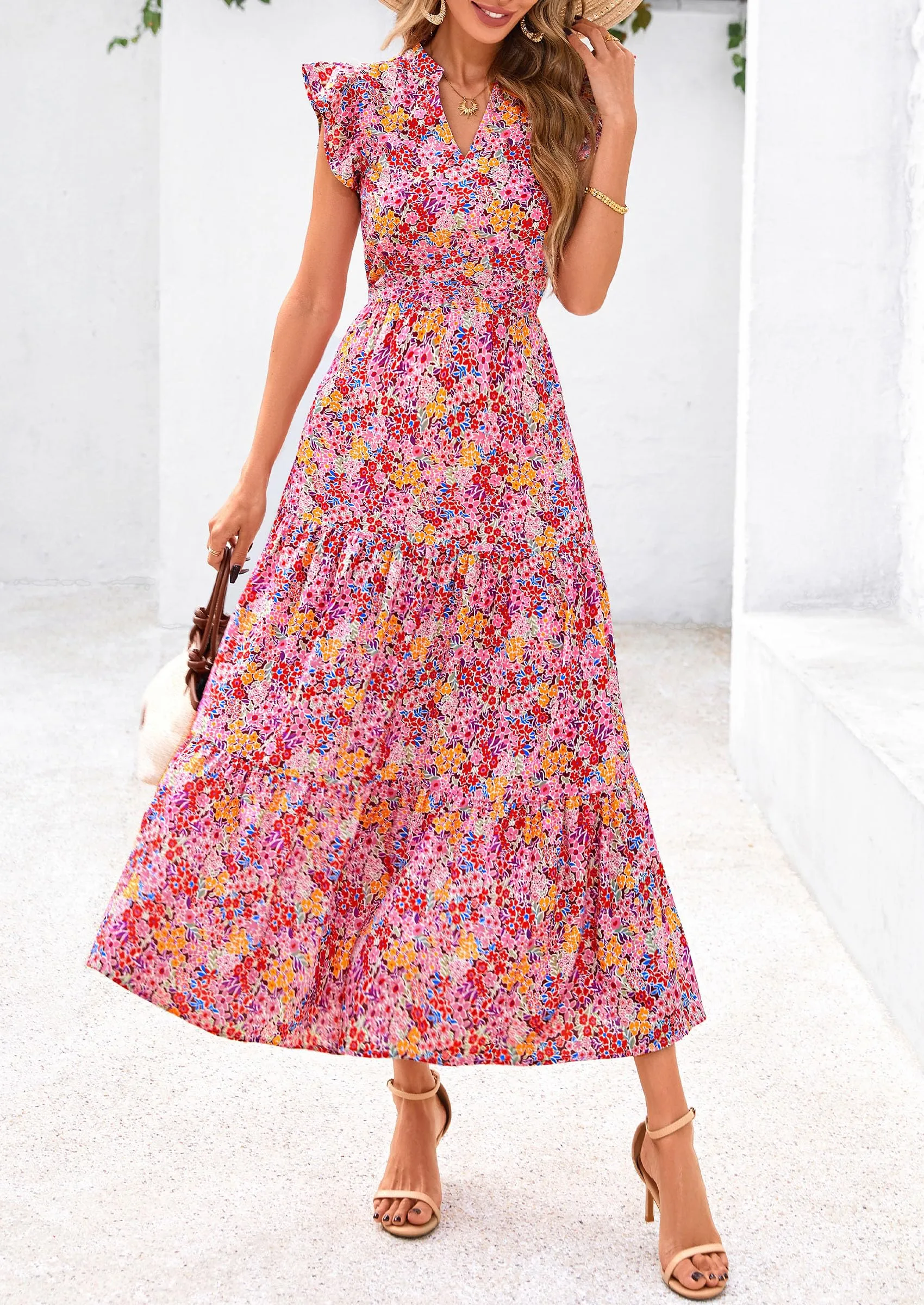 Floral Cap Sleeve V Neck Ruffle Flowy Boho Casual Beach Vacation Midi Dress