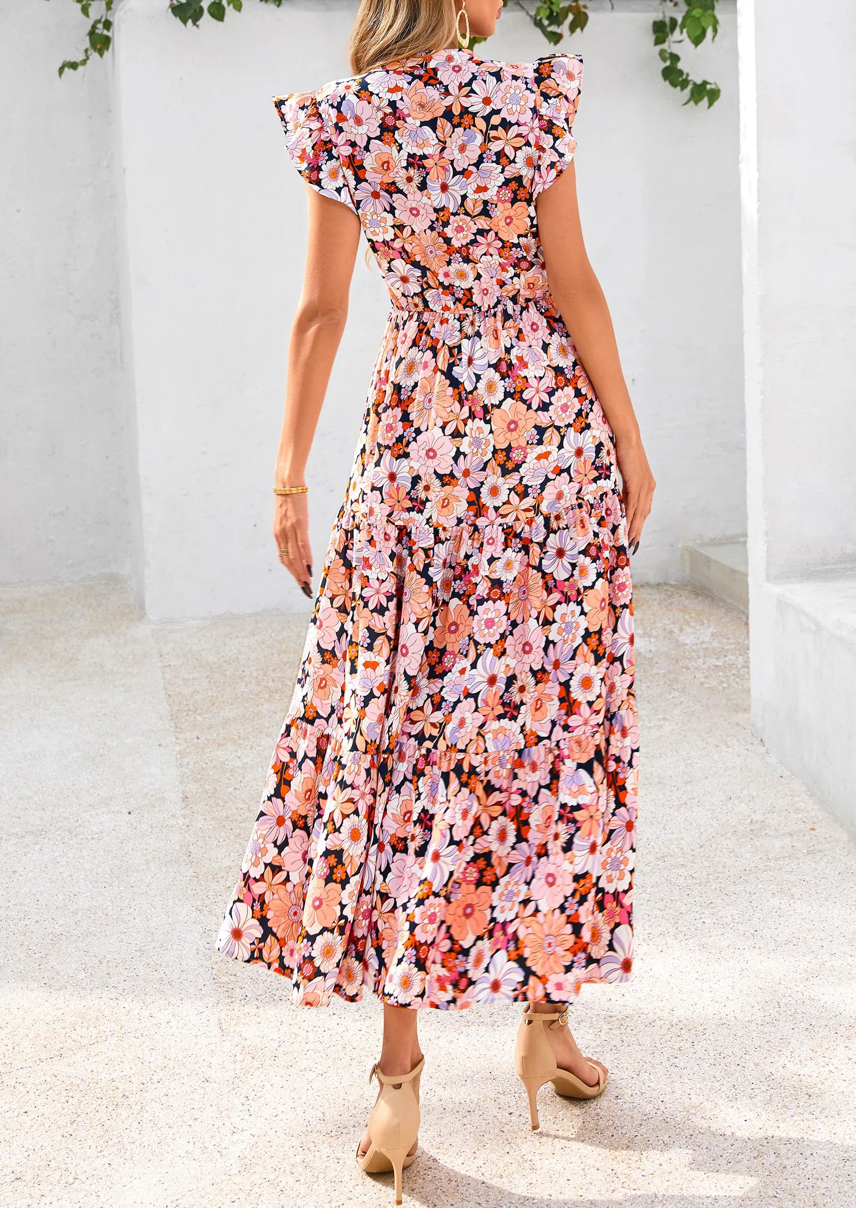 Floral Cap Sleeve V Neck Ruffle Flowy Boho Casual Beach Vacation Midi Dress