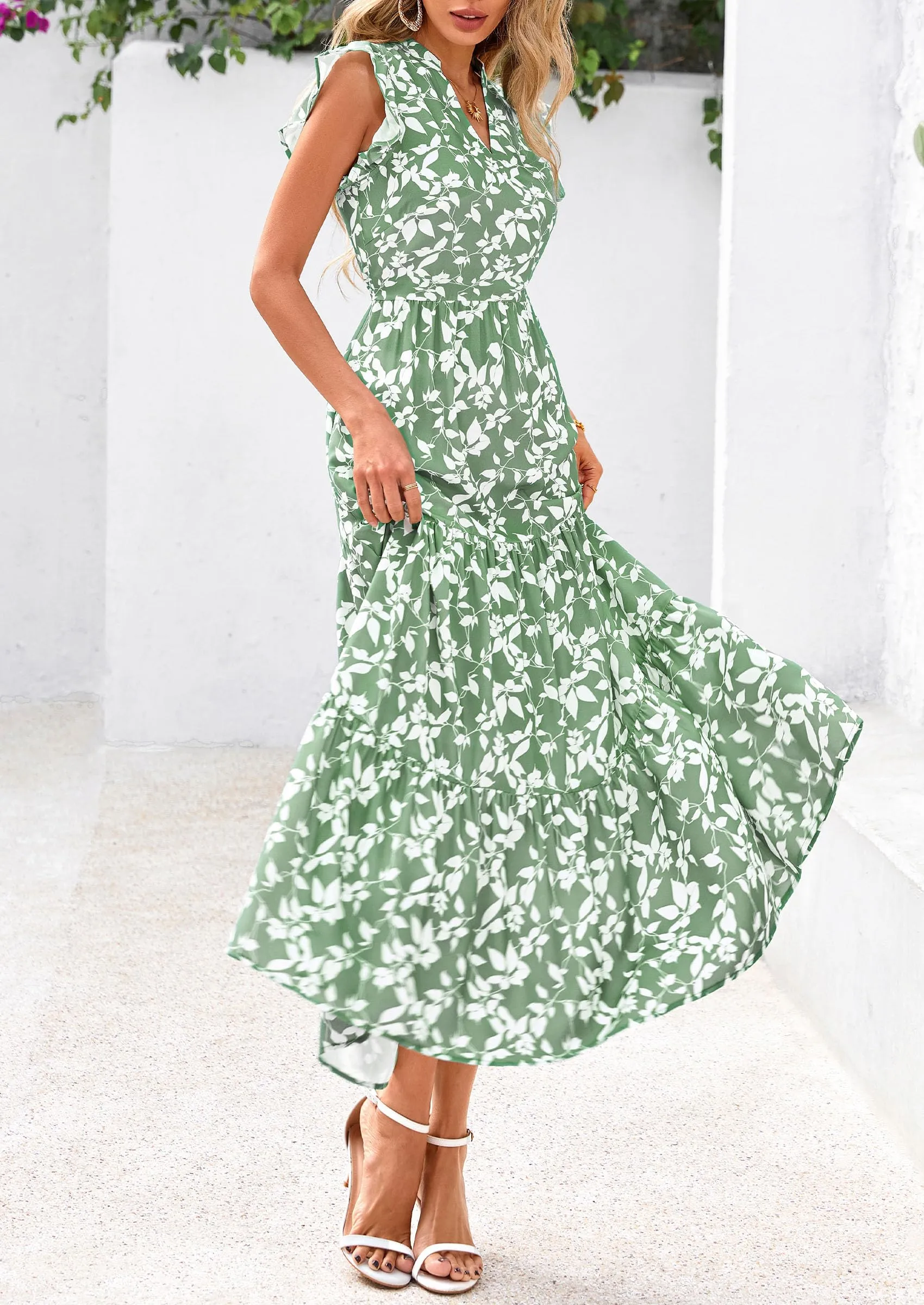 Floral Cap Sleeve V Neck Ruffle Flowy Boho Casual Beach Vacation Midi Dress