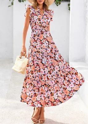 Floral Cap Sleeve V Neck Ruffle Flowy Boho Casual Beach Vacation Midi Dress
