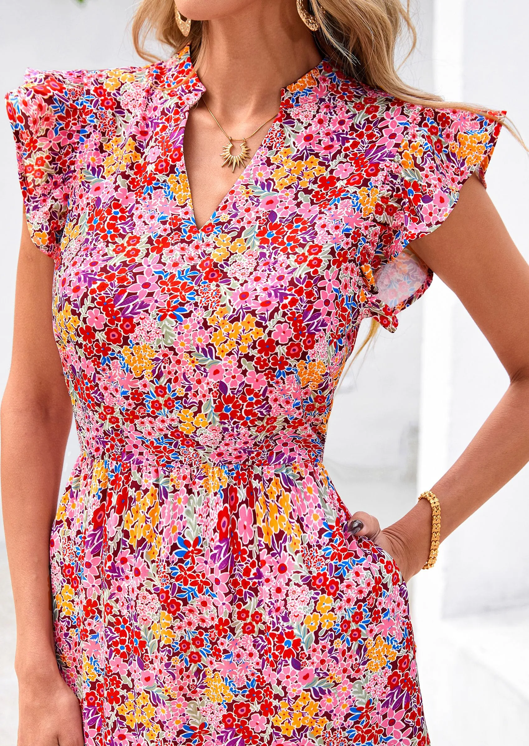 Floral Cap Sleeve V Neck Ruffle Flowy Boho Casual Beach Vacation Midi Dress