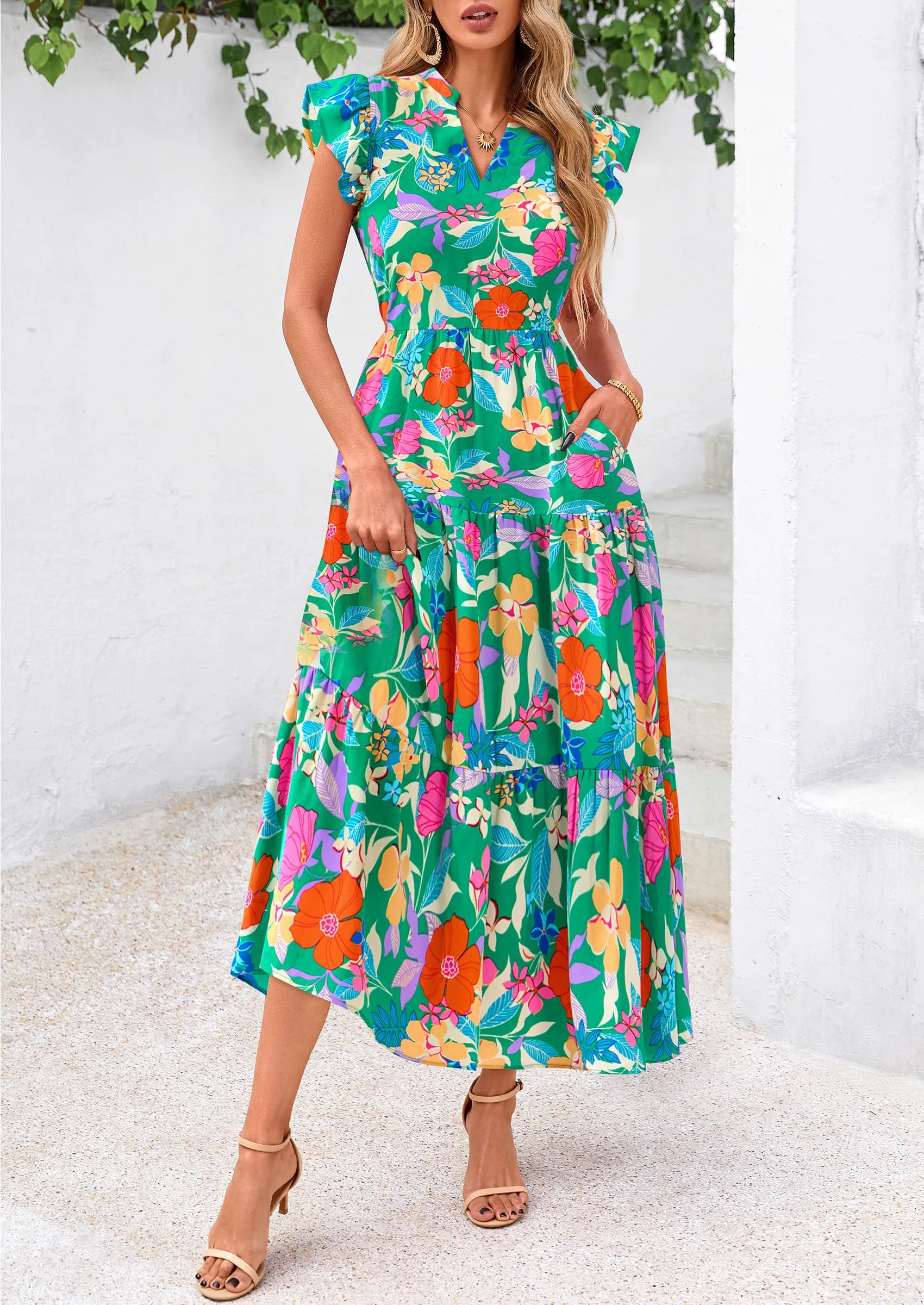 Floral Cap Sleeve V Neck Ruffle Flowy Boho Casual Beach Vacation Midi Dress