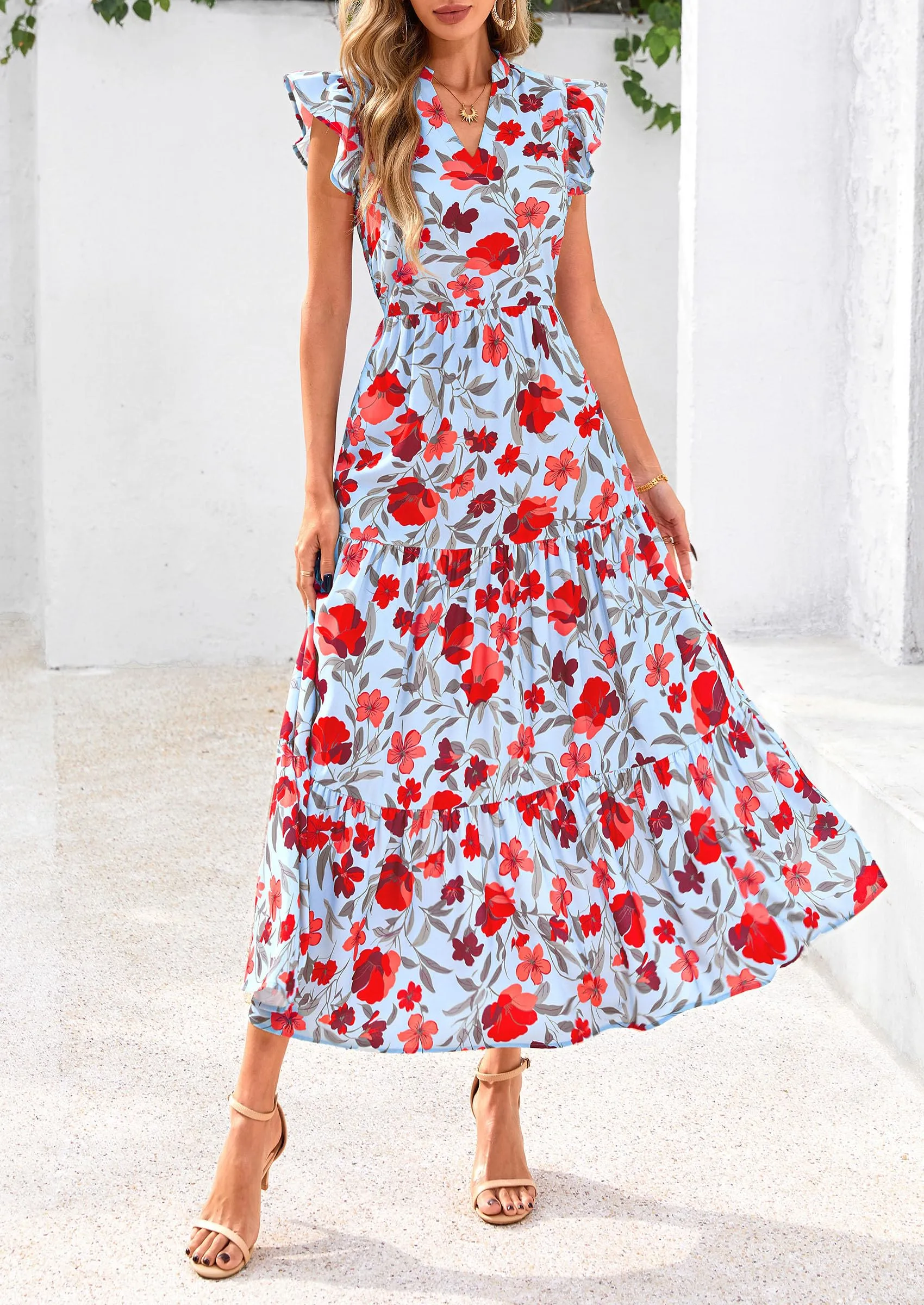 Floral Cap Sleeve V Neck Ruffle Flowy Boho Casual Beach Vacation Midi Dress