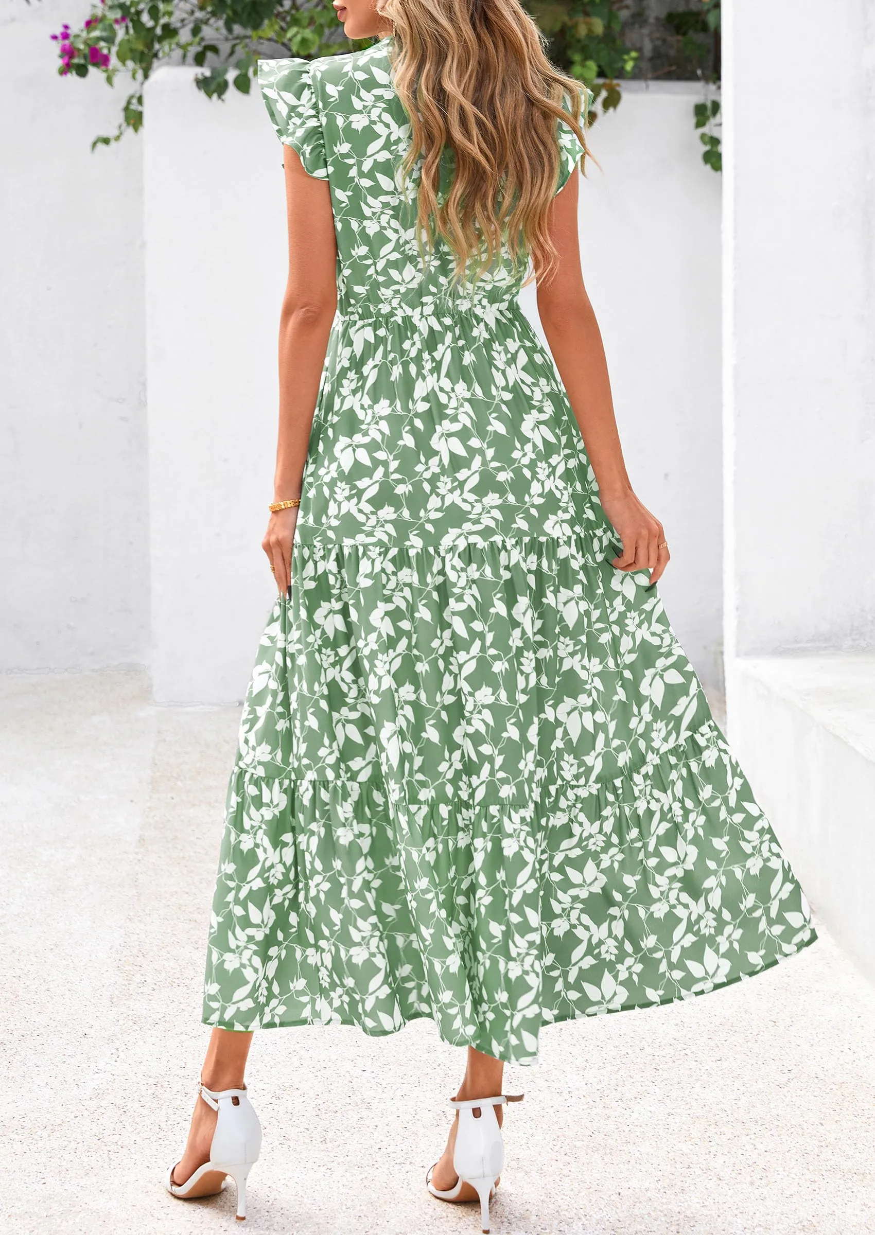 Floral Cap Sleeve V Neck Ruffle Flowy Boho Casual Beach Vacation Midi Dress
