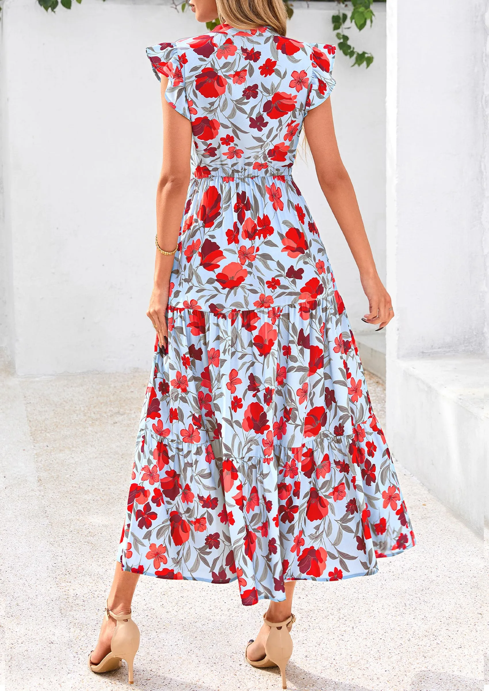 Floral Cap Sleeve V Neck Ruffle Flowy Boho Casual Beach Vacation Midi Dress