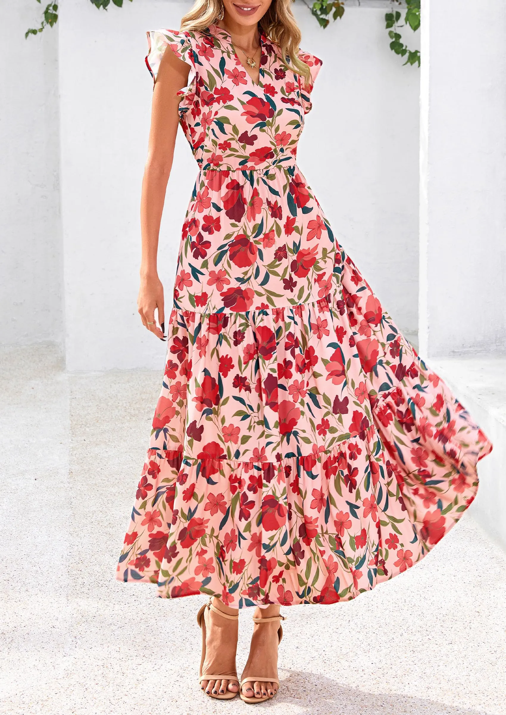 Floral Cap Sleeve V Neck Ruffle Flowy Boho Casual Beach Vacation Midi Dress